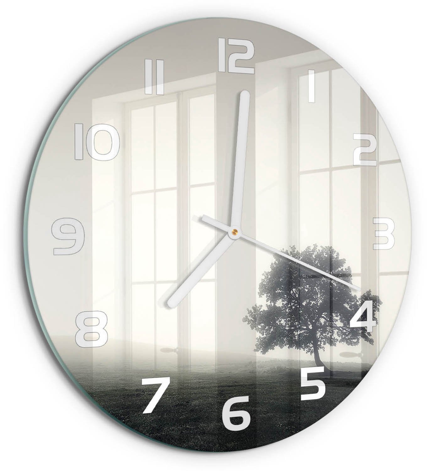 TULUP Wandklok - Eenzame boom Gekleurde Glazen Klok - fi30 cm - Grijs Glazen Klok Met Print - Witte handen - Ronde Klok - Moderne Wandklok Glas - Wandklok Glas Decoratie