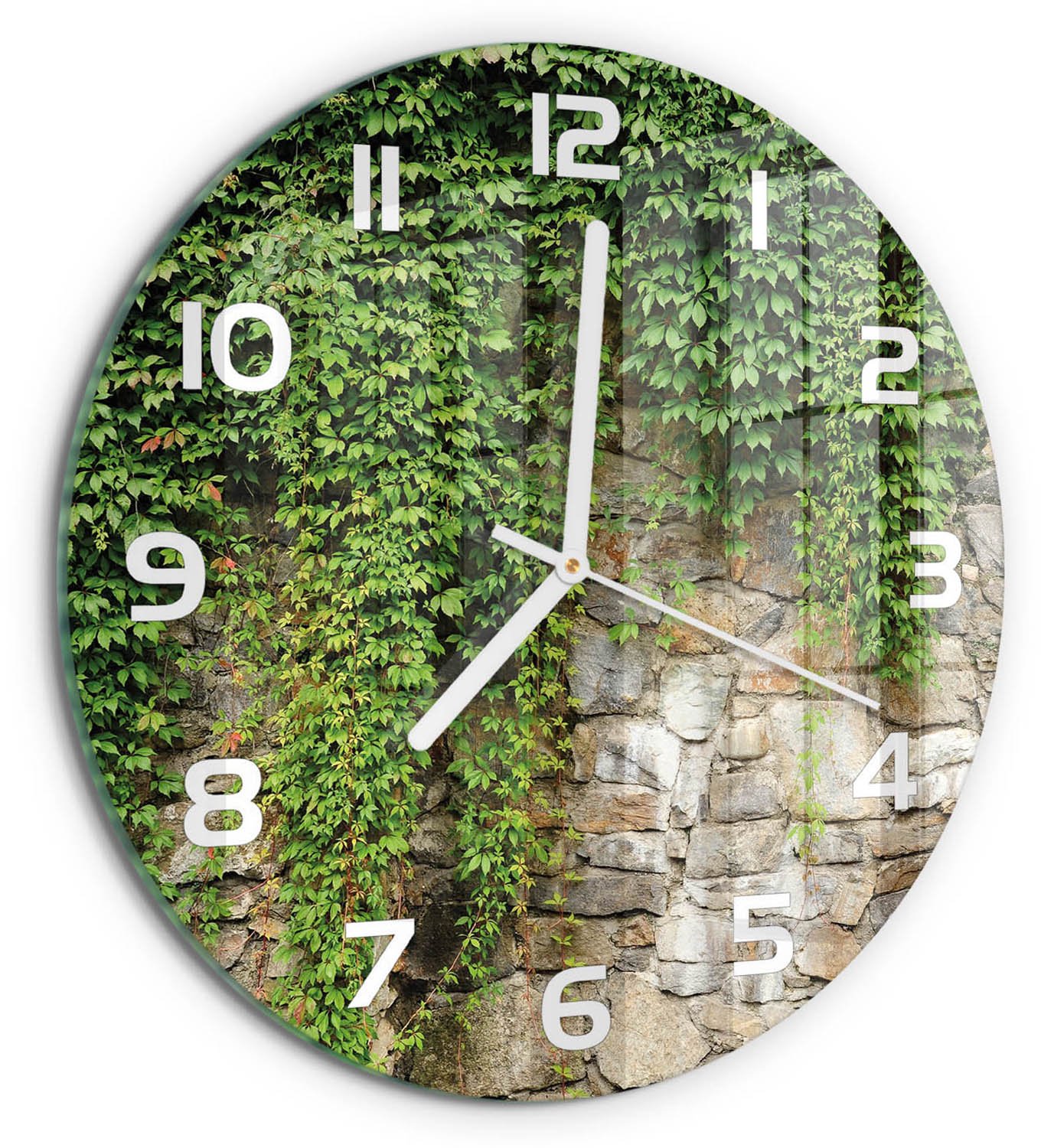 TULUP Wandklok - Groene klimop Glazen Wandklok Design - fi30 cm - Groente Klok Glas Met Opdruk - Witte handen - Ronde Klok - Wandklok Glas Met Motief - Decoratieve Glazen Klok