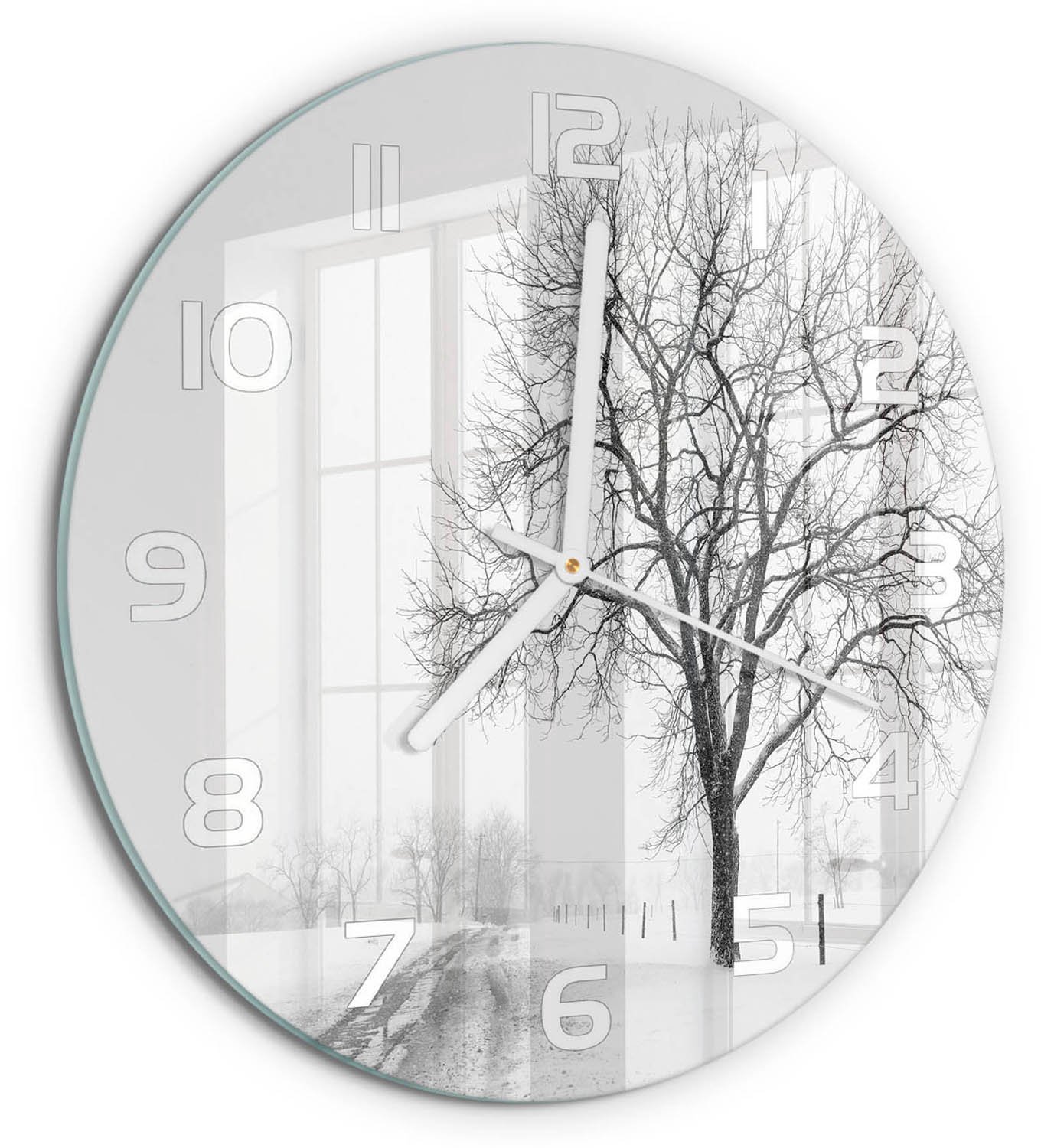 TULUP Wandklok - Winterboom Moderne Wandklok Glas - fi30 cm - Wit Wandklok Glas Decoratie - Witte handen - Ronde Klok - Glazen Wandklok Design - Klok Glas Met Opdruk