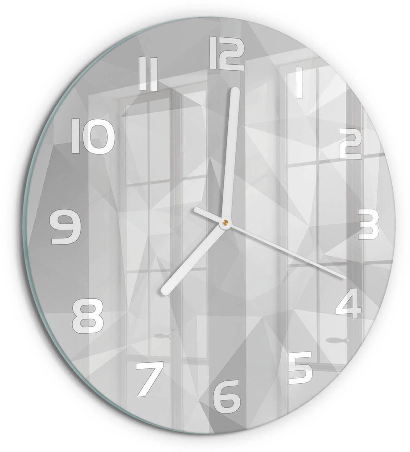 TULUP Wandklok - Driehoeken van abstractie Klok Glas Met Opdruk - fi30 cm - Wit Moderne Wandklok Glas - Witte handen - Ronde Klok - Decoratieve Glazen Klok - Glazen Wandklok Design