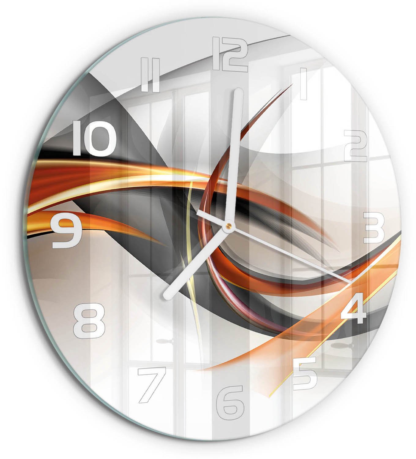 TULUP Wandklok - Golfabstractie Glazen Klok Met Print - fi30 cm - Oranje Wandklok Glas Met Motief - Witte handen - Ronde Klok - Wandklok Glas Decoratie - Gekleurde Glazen Klok