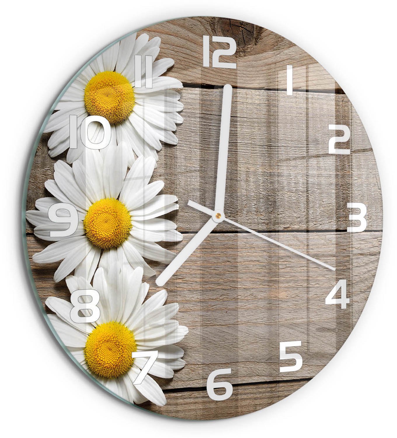 TULUP Wandklok - Madeliefjeshout Glazen Klok Met Print - fi30 cm - Bruin Wandklok Glas Met Motief - Witte handen - Ronde Klok - Wandklok Glas Decoratie - Gekleurde Glazen Klok