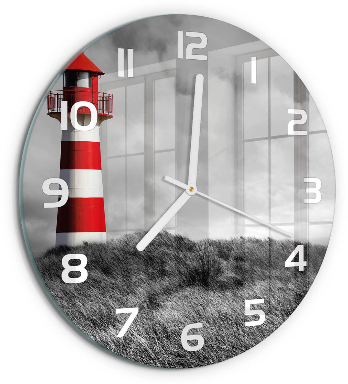 TULUP Wandklok - Vuurtoren Decoratieve Glazen Klok - fi30 cm - Rood Glazen Wandklok Design - Witte handen - Ronde Klok - Glazen Klok Met Print - Wandklok Glas Met Motief