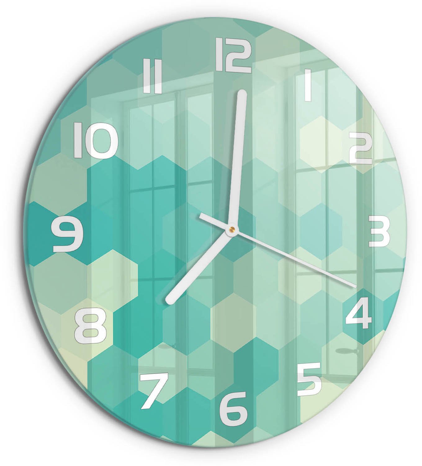 TULUP Wandklok - Geometrische achtergrond Gekleurde Glazen Klok - fi30 cm - Groente Glazen Klok Met Print - Witte handen - Ronde Klok - Moderne Wandklok Glas - Wandklok Glas Decoratie