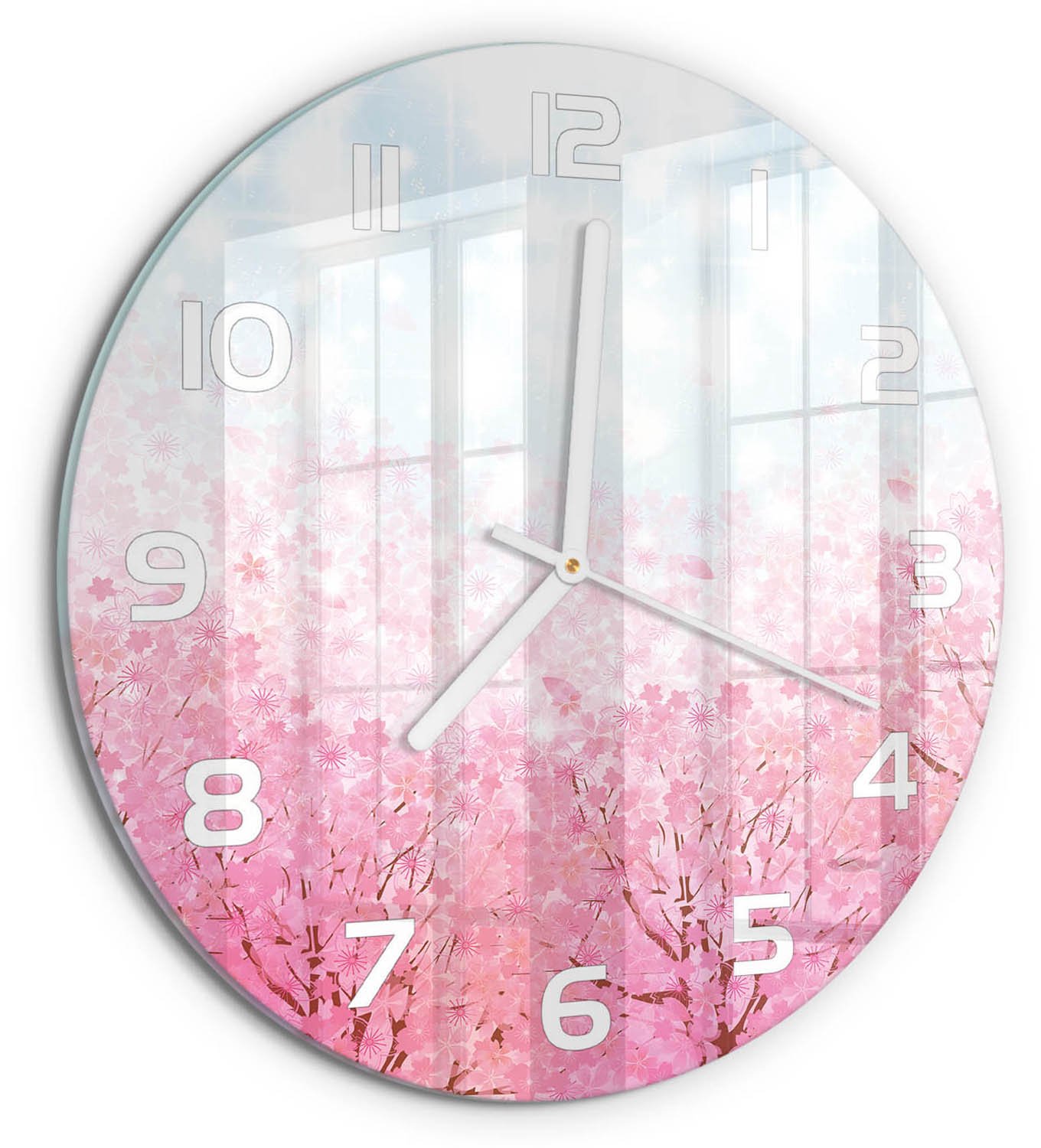 TULUP Wandklok - Kersenbloesem Gekleurde Glazen Klok - fi30 cm - Roze Glazen Klok Met Print - Witte handen - Ronde Klok - Moderne Wandklok Glas - Wandklok Glas Decoratie