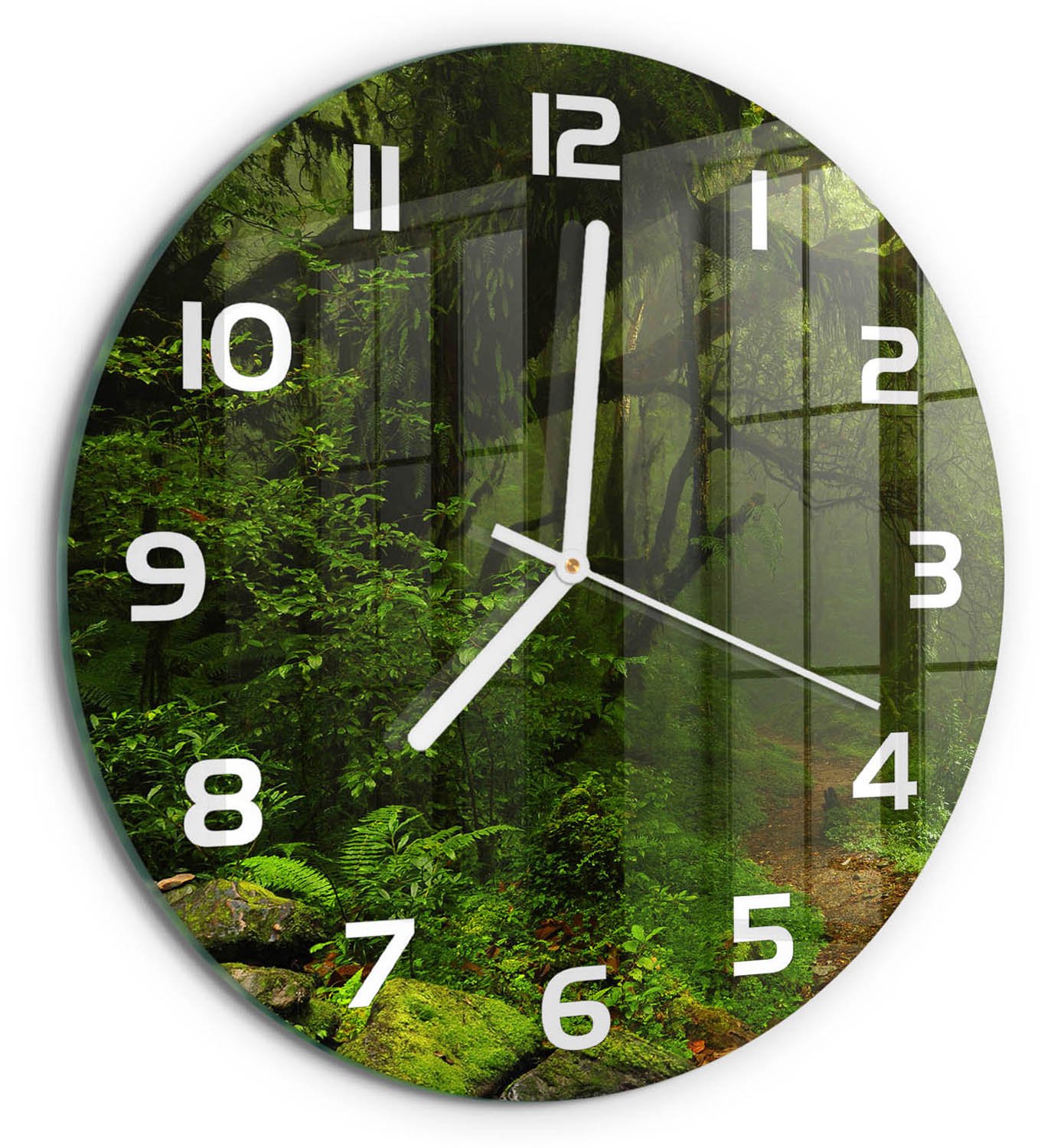 TULUP Wandklok - Oerwoud in Nepal Decoratieve Glazen Klok - fi30 cm - Groente Glazen Wandklok Design - Witte handen - Ronde Klok - Glazen Klok Met Print - Wandklok Glas Met Motief