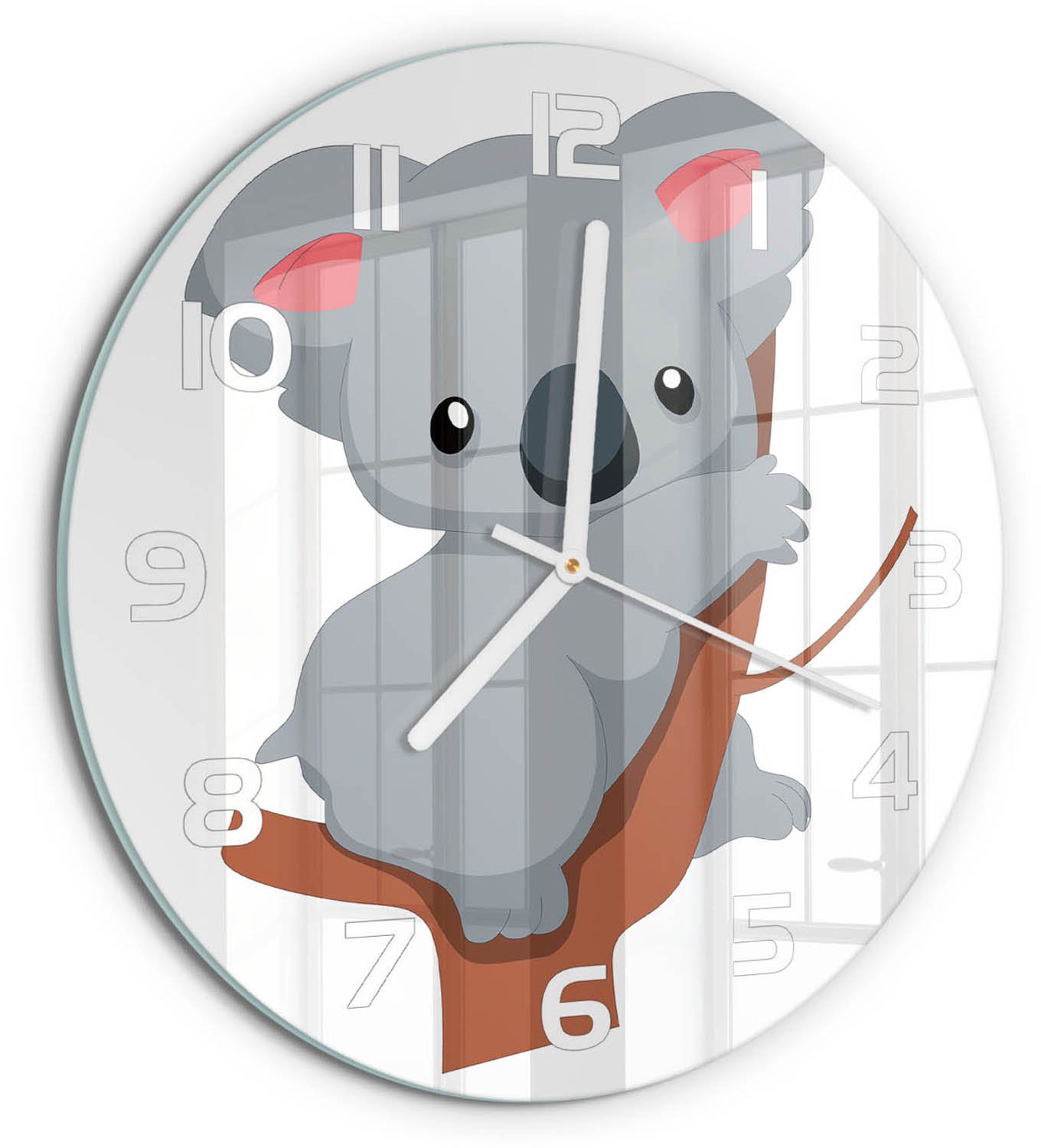 TULUP Wandklok - Koala in een boom Wandklok Glas Met Motief - fi30 cm - Grijs Decoratieve Glazen Klok - Witte handen - Ronde Klok - Gekleurde Glazen Klok - Glazen Klok Met Print