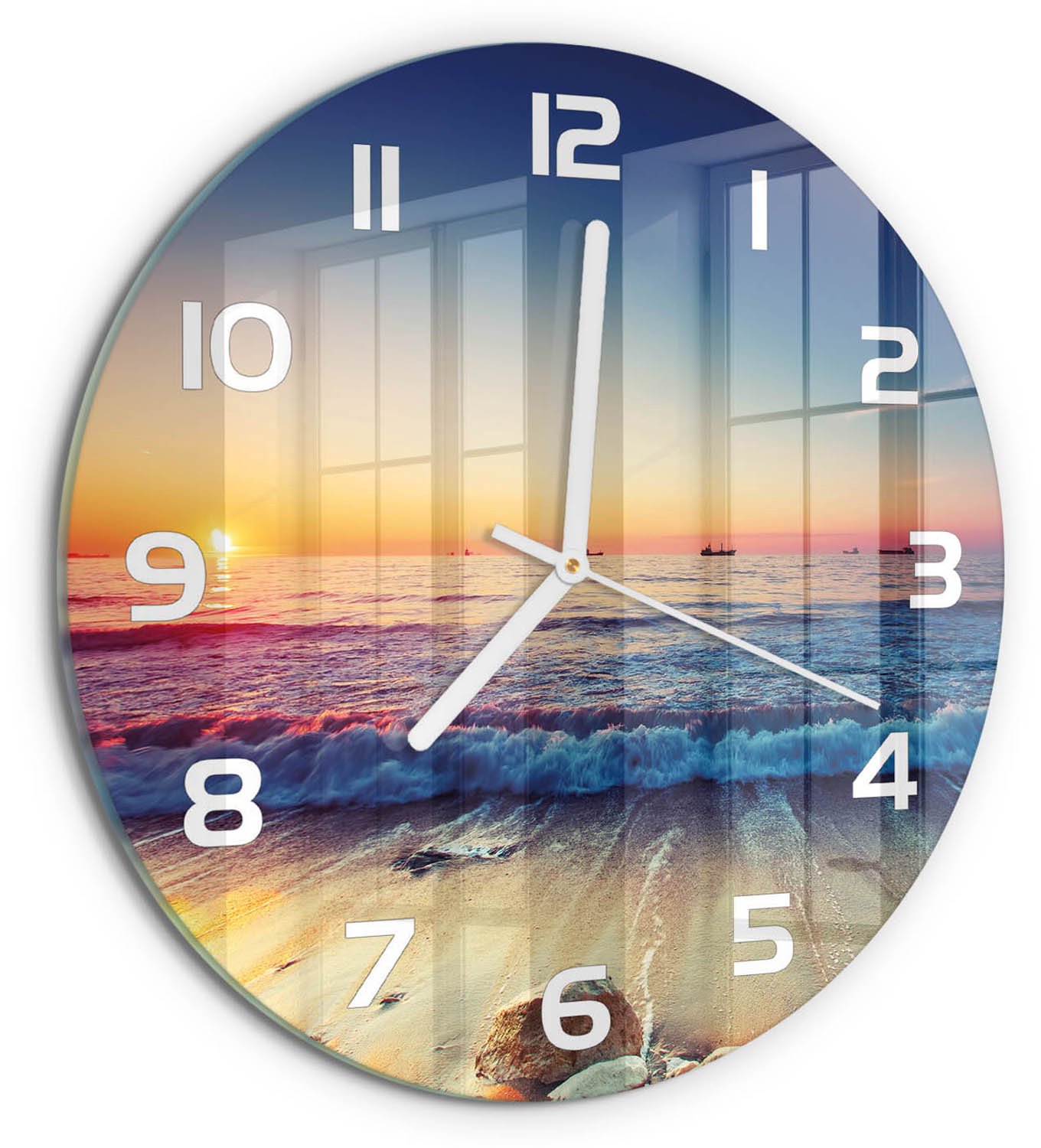 TULUP Wandklok - Zonsopgang boven de zee Klok Glas Met Opdruk - fi30 cm - Oranje Moderne Wandklok Glas - Witte handen - Ronde Klok - Decoratieve Glazen Klok - Glazen Wandklok Design