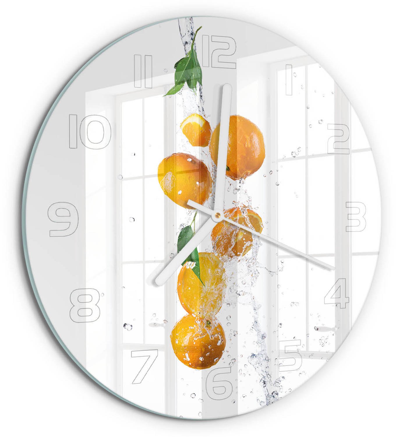 TULUP Wandklok - Sinaasappels en water Klok Glas Met Opdruk - fi30 cm - Geel Moderne Wandklok Glas - Witte handen - Ronde Klok - Decoratieve Glazen Klok - Glazen Wandklok Design