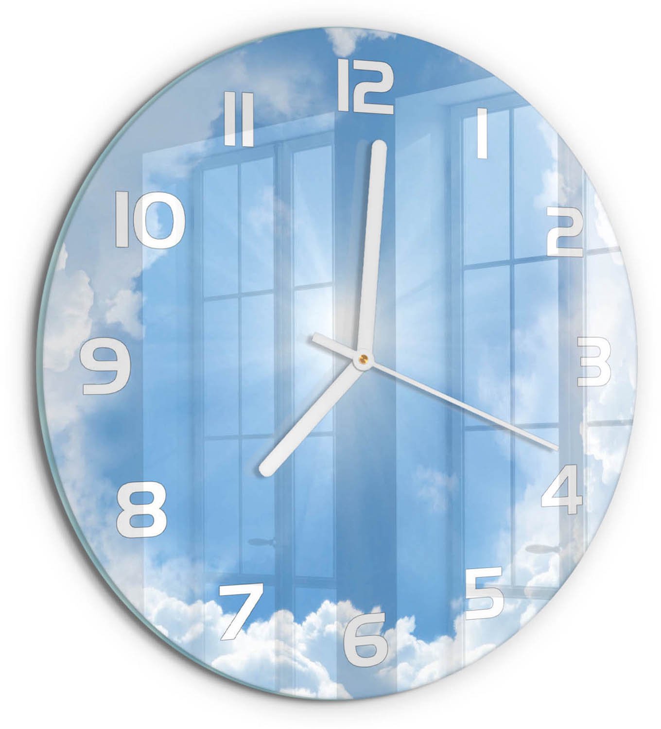 TULUP Wandklok - Wolken aan de hemel Glazen Wandklok Design - fi30 cm - Blauw Klok Glas Met Opdruk - Witte handen - Ronde Klok - Wandklok Glas Met Motief - Decoratieve Glazen Klok