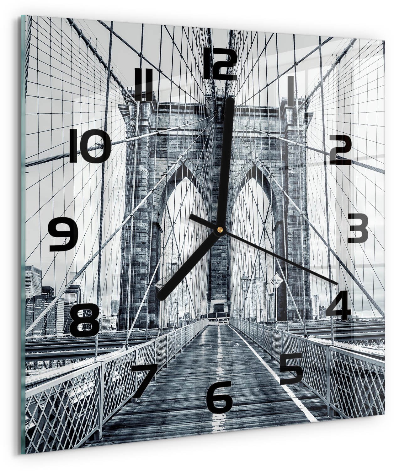 Tulup Wandklok - Brooklynbrug Decoratieve Glazen Klok - 30x30 cm - Zwart-wit Glazen Wandklok Design - Zwarte handen - Vierkante Klok - Glazen Klok Met Print - Wandklok Glas Met Motief