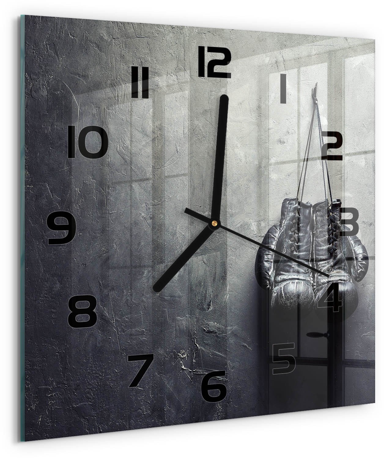 Tulup Wandklok - Bokshandschoenen Gekleurde Glazen Klok - 30x30 cm - Zwart-wit Glazen Klok Met Print - Zwarte handen - Vierkante Klok - Moderne Wandklok Glas - Wandklok Glas Decoratie