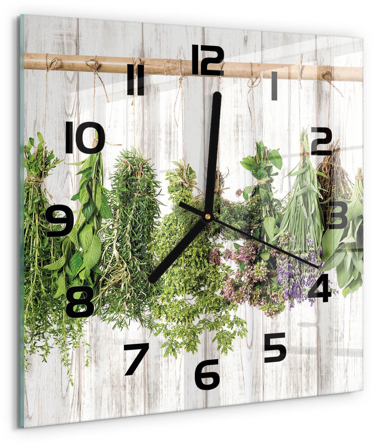 TULUP Wandklok - Kruiden aan een touwtje Moderne Wandklok Glas - 30x30 cm - Groente Wandklok Glas Decoratie - Zwarte handen - Vierkante Klok - Glazen Wandklok Design - Klok Glas Met Opdruk