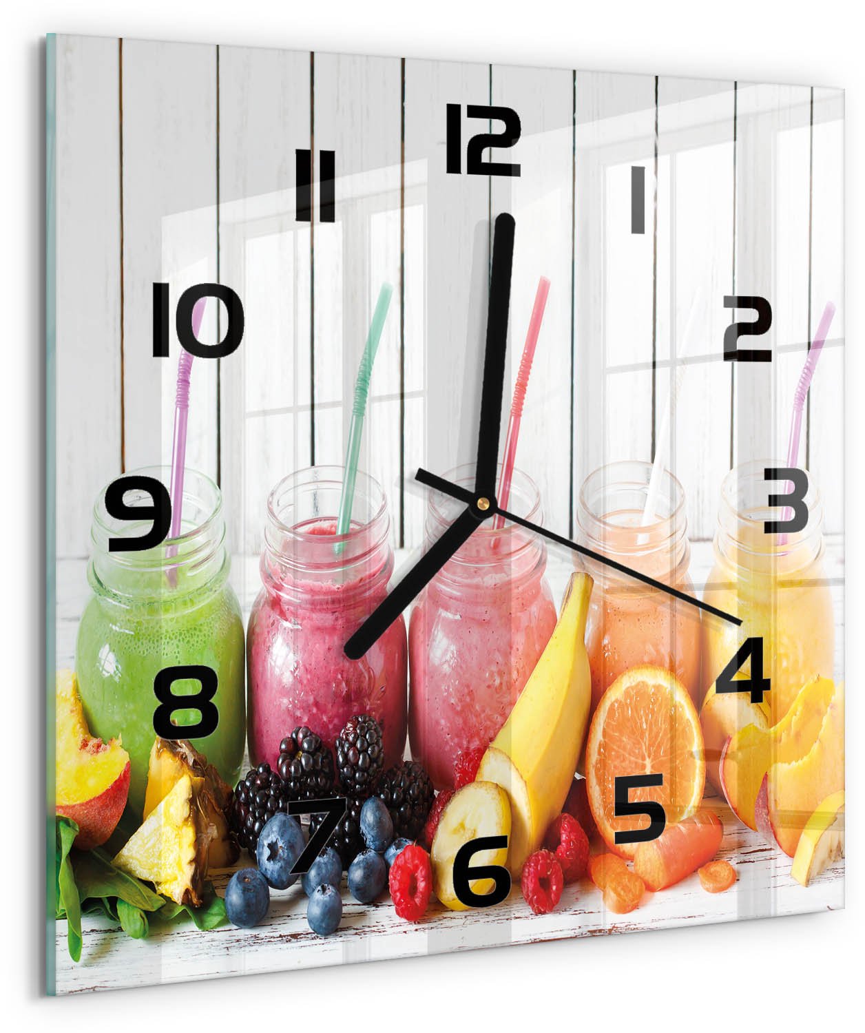 Tulup Wandklok - Fruitcocktails Klok Glas Met Opdruk - 30x30 cm - Veelkleurig Moderne Wandklok Glas - Zwarte handen - Vierkante Klok - Decoratieve Glazen Klok - Glazen Wandklok Design