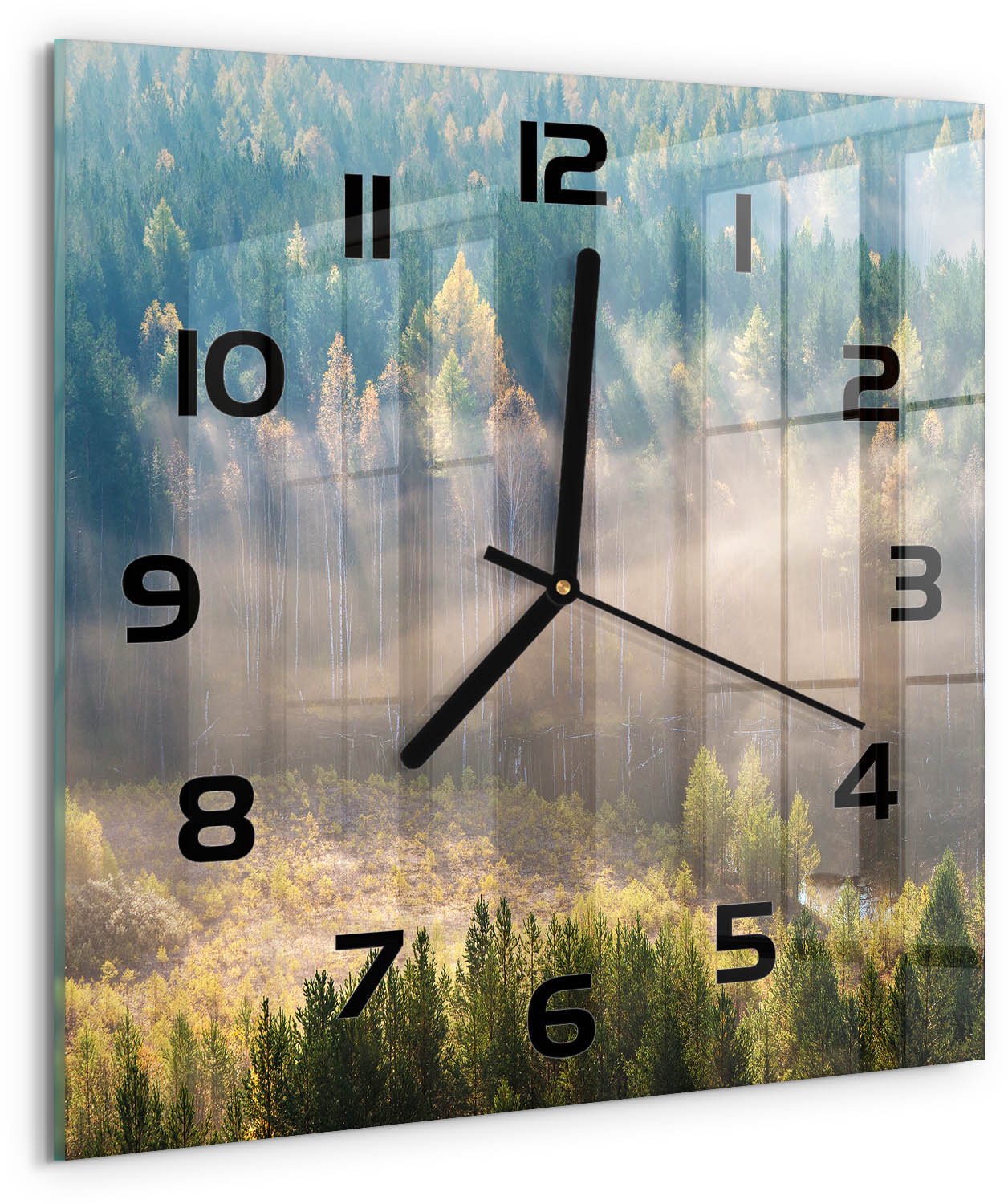 Tulup Wandklok - Mist in het bos Gekleurde Glazen Klok - 30x30 cm - Groente Glazen Klok Met Print - Zwarte handen - Vierkante Klok - Moderne Wandklok Glas - Wandklok Glas Decoratie