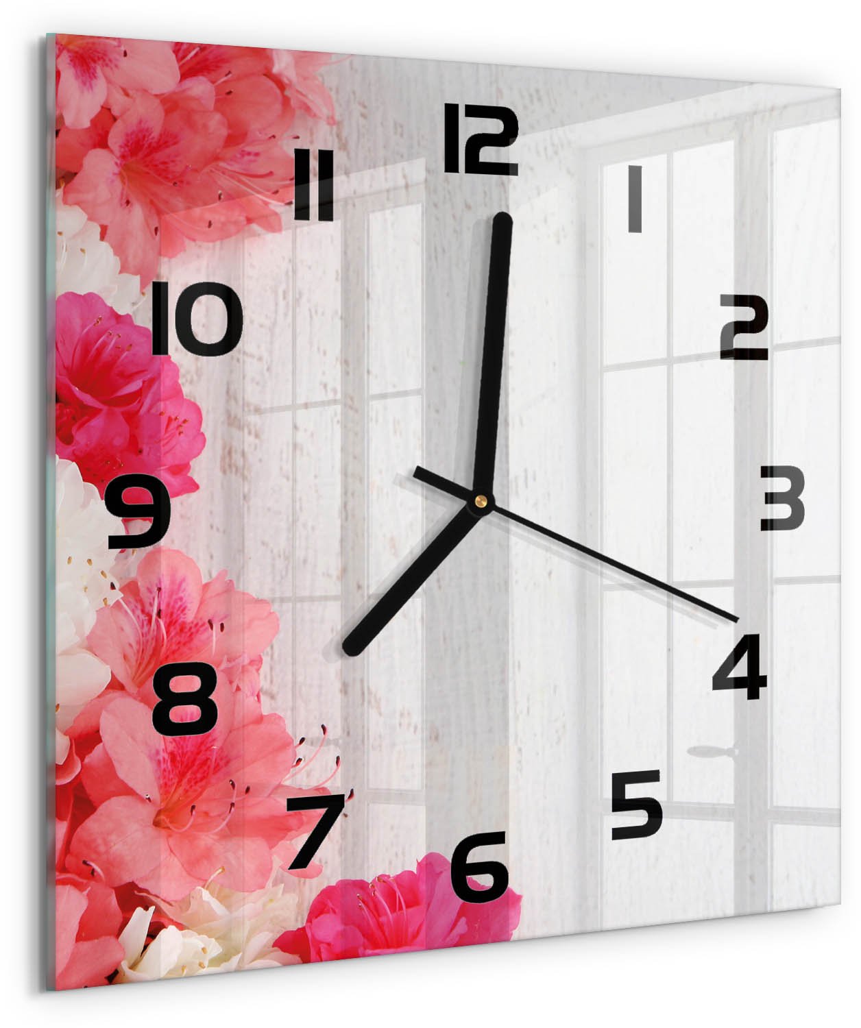 TULUP Wandklok - Bloemen Wandklok Glas Decoratie - 30x30 cm - Roze Gekleurde Glazen Klok - Zwarte handen - Vierkante Klok - Klok Glas Met Opdruk - Moderne Wandklok Glas