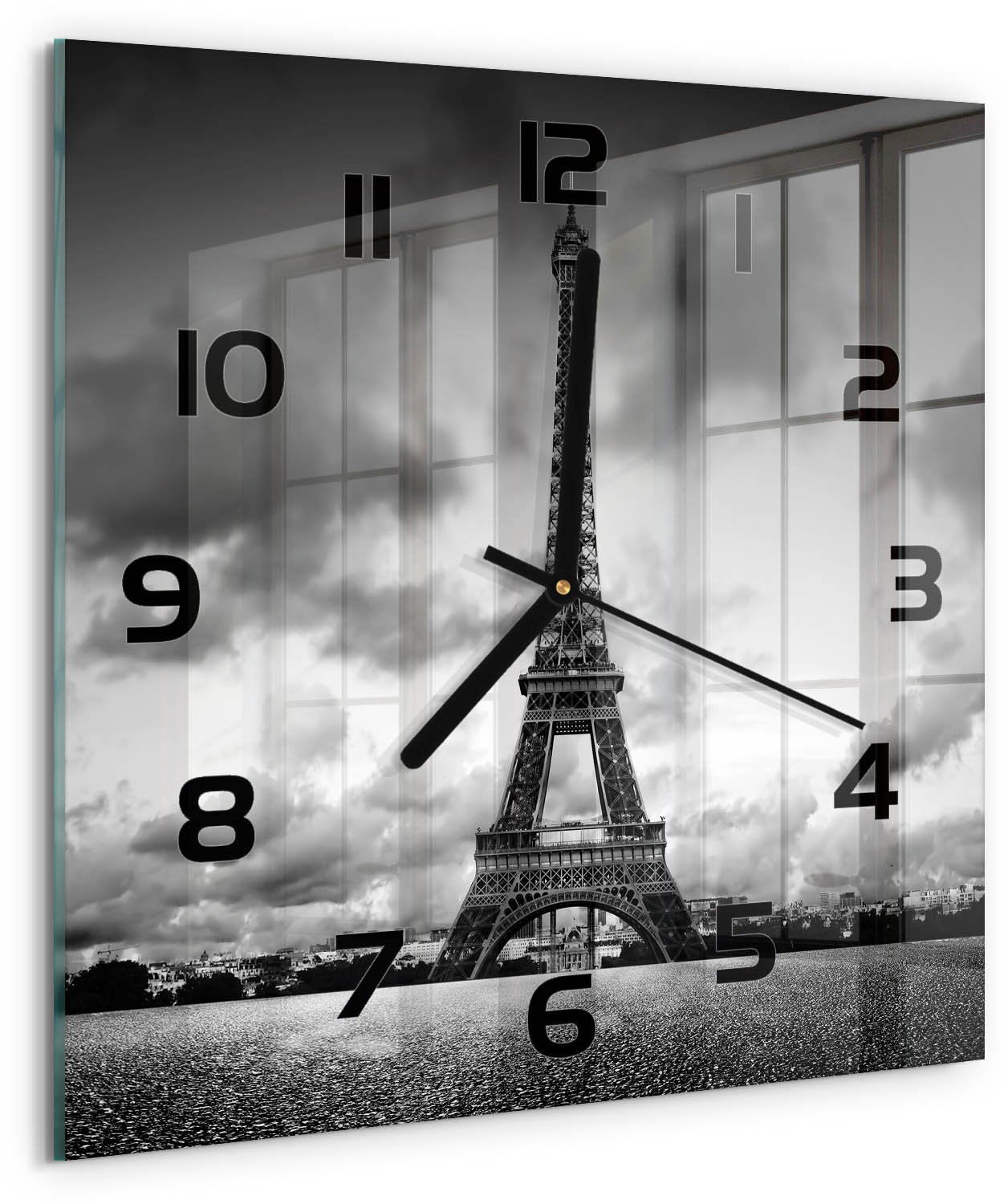 Tulup Wandklok - Eiffeltoren Parijs Moderne Wandklok Glas - 30x30 cm - Zwart-wit Wandklok Glas Decoratie - Zwarte handen - Vierkante Klok - Glazen Wandklok Design - Klok Glas Met Opdruk