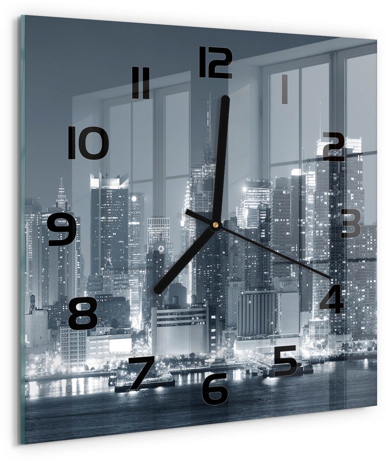 TULUP Wandklok - Manhattan, New York Decoratieve Glazen Klok - 30x30 cm - Zwart-wit Glazen Wandklok Design - Zwarte handen - Vierkante Klok - Glazen Klok Met Print - Wandklok Glas Met Motief