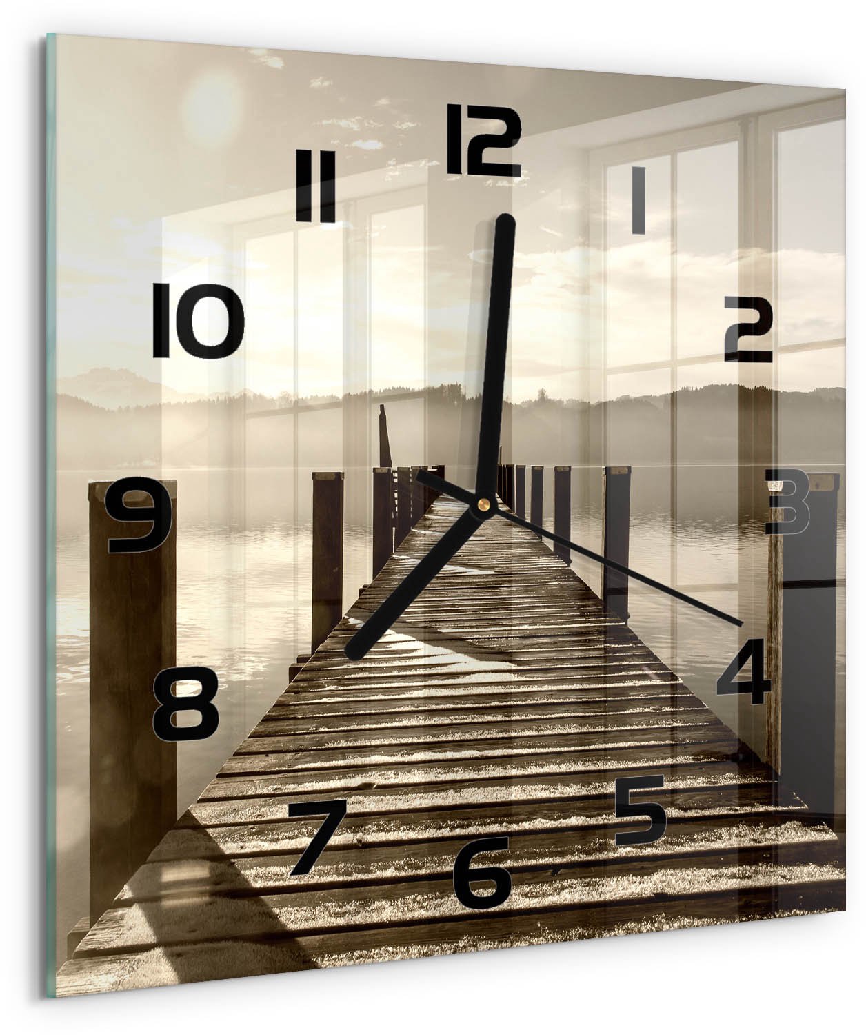TULUP Wandklok - Houten brug Glazen Klok Met Print - 30x30 cm - Bruin Wandklok Glas Met Motief - Zwarte handen - Vierkante Klok - Wandklok Glas Decoratie - Gekleurde Glazen Klok