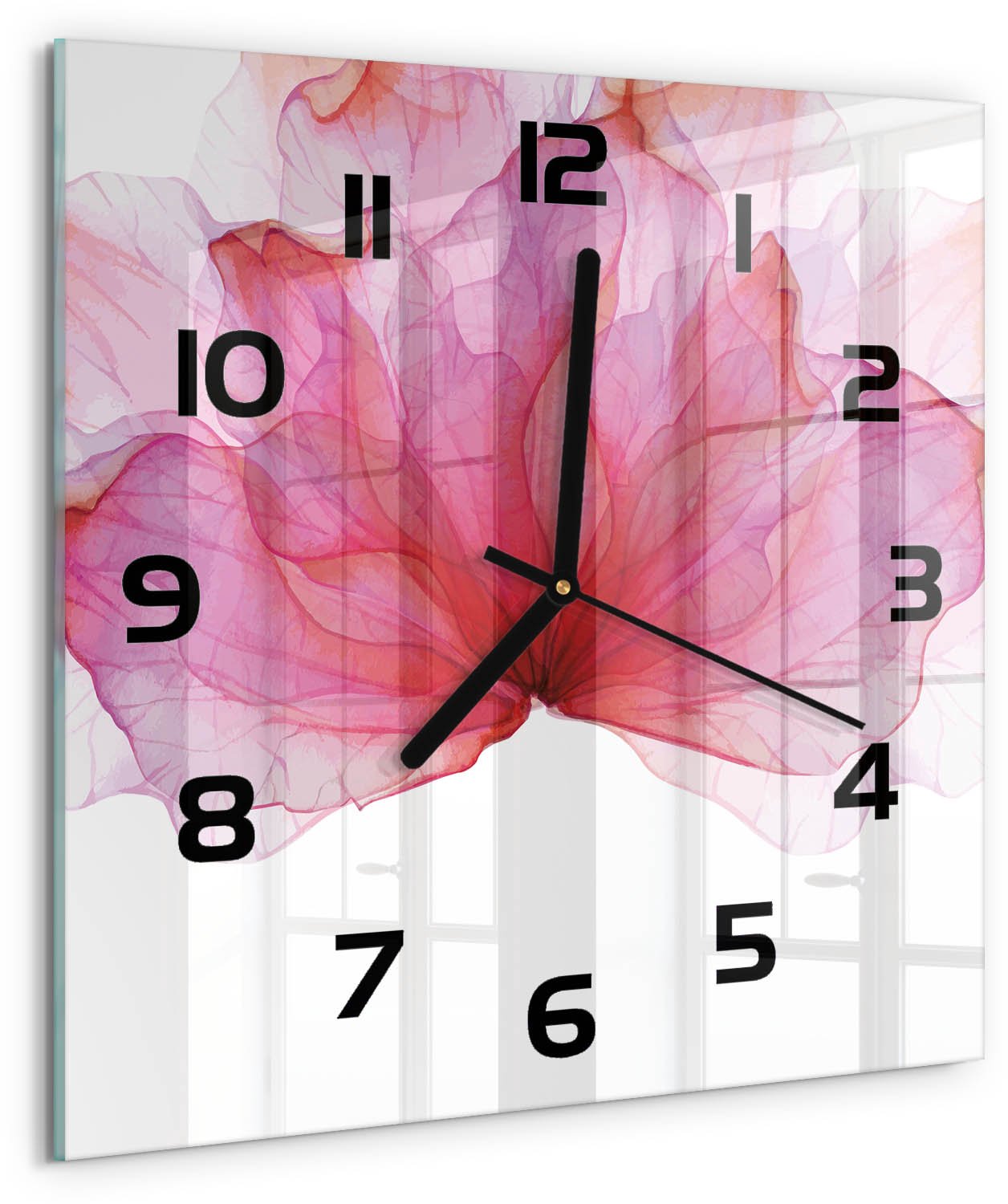 TULUP Wandklok - Roze bloem Moderne Wandklok Glas - 30x30 cm - Roze Wandklok Glas Decoratie - Zwarte handen - Vierkante Klok - Glazen Wandklok Design - Klok Glas Met Opdruk
