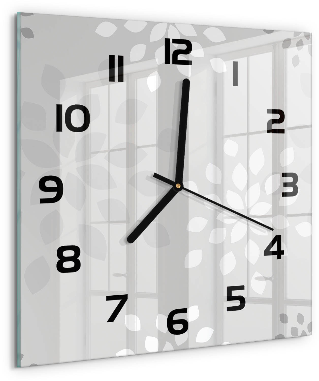 TULUP Wandklok - Bloemenpatroon Glazen Klok Met Print - 30x30 cm - Grijs Wandklok Glas Met Motief - Zwarte handen - Vierkante Klok - Wandklok Glas Decoratie - Gekleurde Glazen Klok