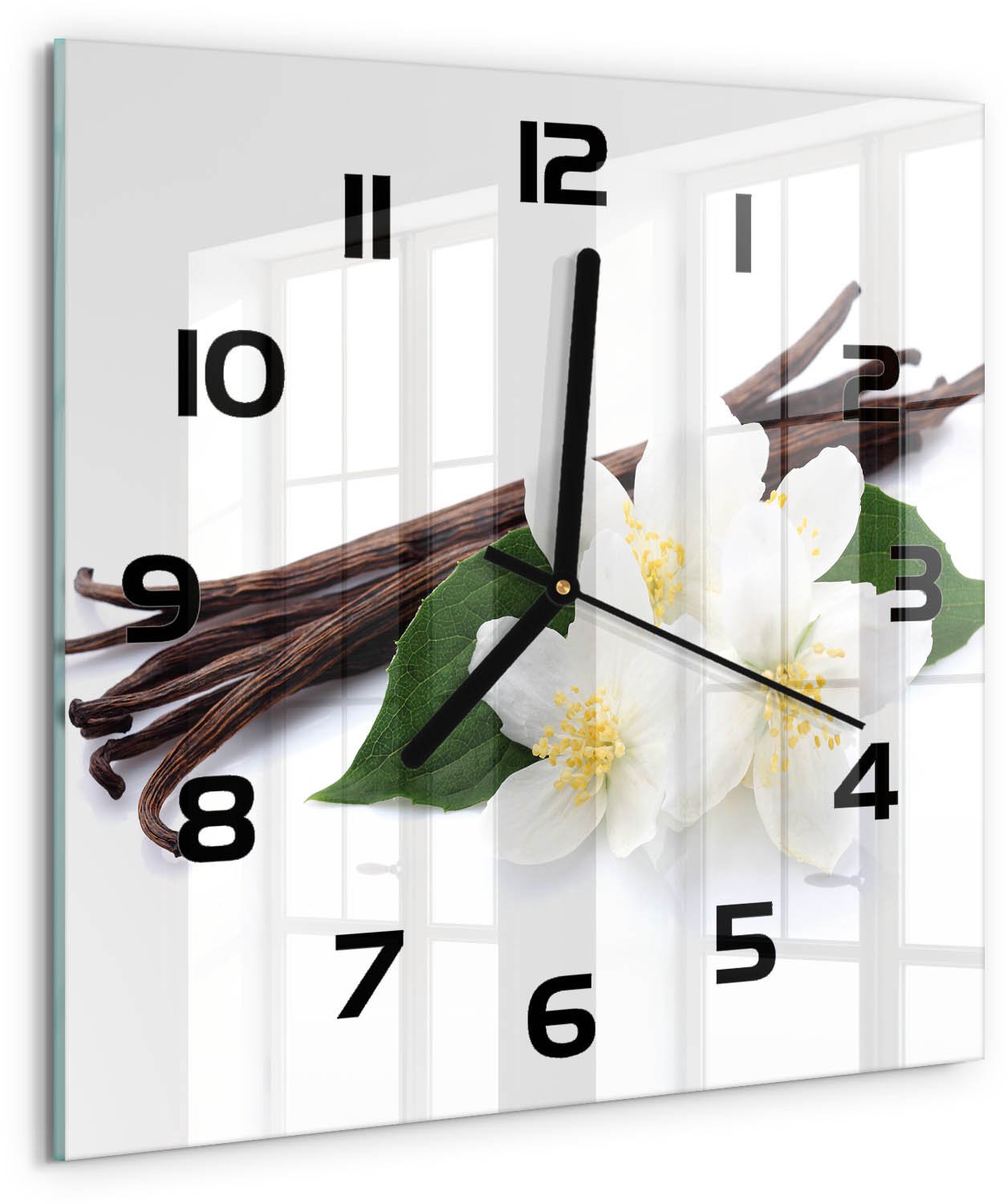 TULUP Wandklok - Jasmijn en vanille Gekleurde Glazen Klok - 30x30 cm - Bruin Glazen Klok Met Print - Zwarte handen - Vierkante Klok - Moderne Wandklok Glas - Wandklok Glas Decoratie