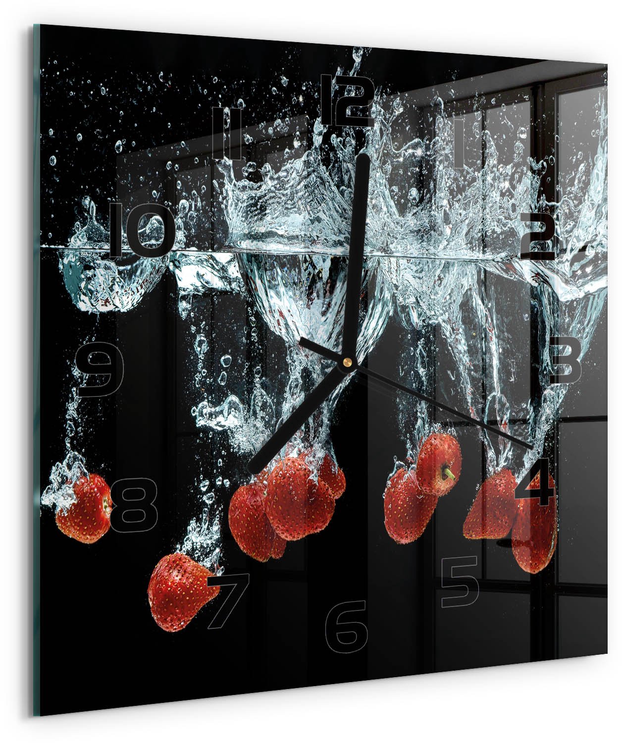 TULUP Wandklok - Aardbeien onder water Wandklok Glas Met Motief - 30x30 cm - Rood Decoratieve Glazen Klok - Zwarte handen - Vierkante Klok - Gekleurde Glazen Klok - Glazen Klok Met Print