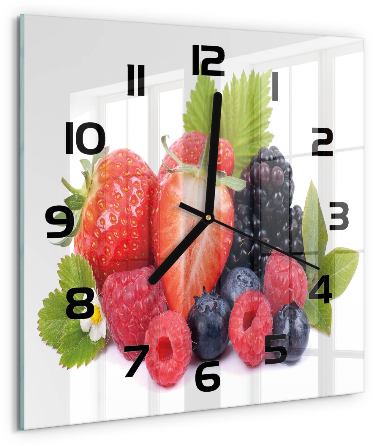 Tulup Wandklok - Bosvruchten Wandklok Glas Decoratie - 30x30 cm - Veelkleurig Gekleurde Glazen Klok - Zwarte handen - Vierkante Klok - Klok Glas Met Opdruk - Moderne Wandklok Glas