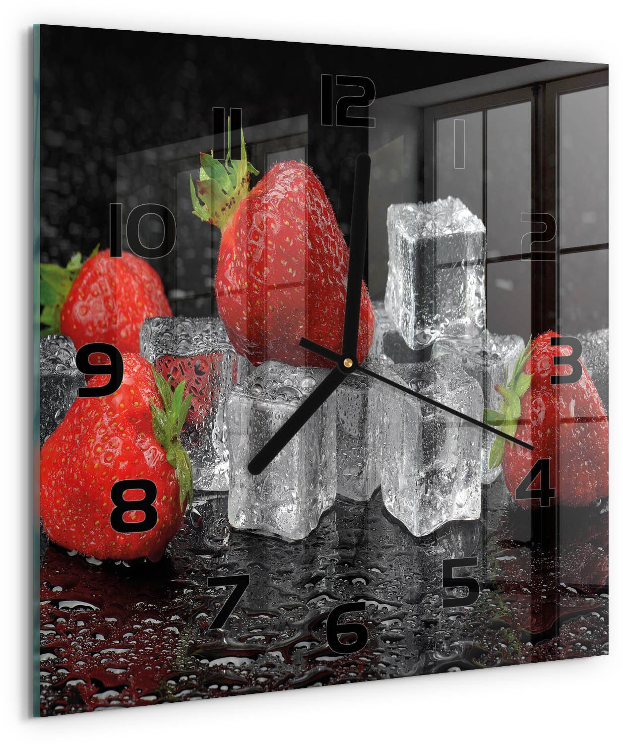 Tulup Wandklok - Aardbeien met ijs Glazen Klok Met Print - 30x30 cm - Rood Wandklok Glas Met Motief - Zwarte handen - Vierkante Klok - Wandklok Glas Decoratie - Gekleurde Glazen Klok