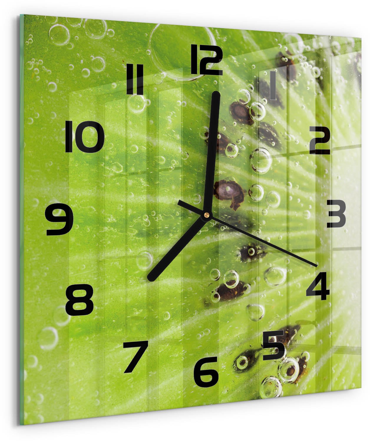 Tulup Wandklok - Kiwi Decoratieve Glazen Klok - 30x30 cm - Groente Glazen Wandklok Design - Zwarte handen - Vierkante Klok - Glazen Klok Met Print - Wandklok Glas Met Motief