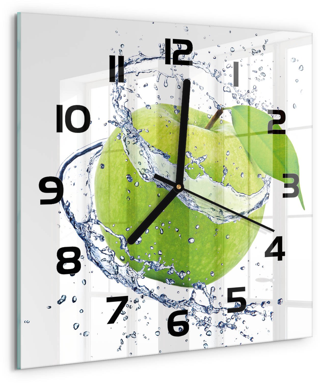 TULUP Wandklok - Groene appel Klok Glas Met Opdruk - 30x30 cm - Groente Moderne Wandklok Glas - Zwarte handen - Vierkante Klok - Decoratieve Glazen Klok - Glazen Wandklok Design