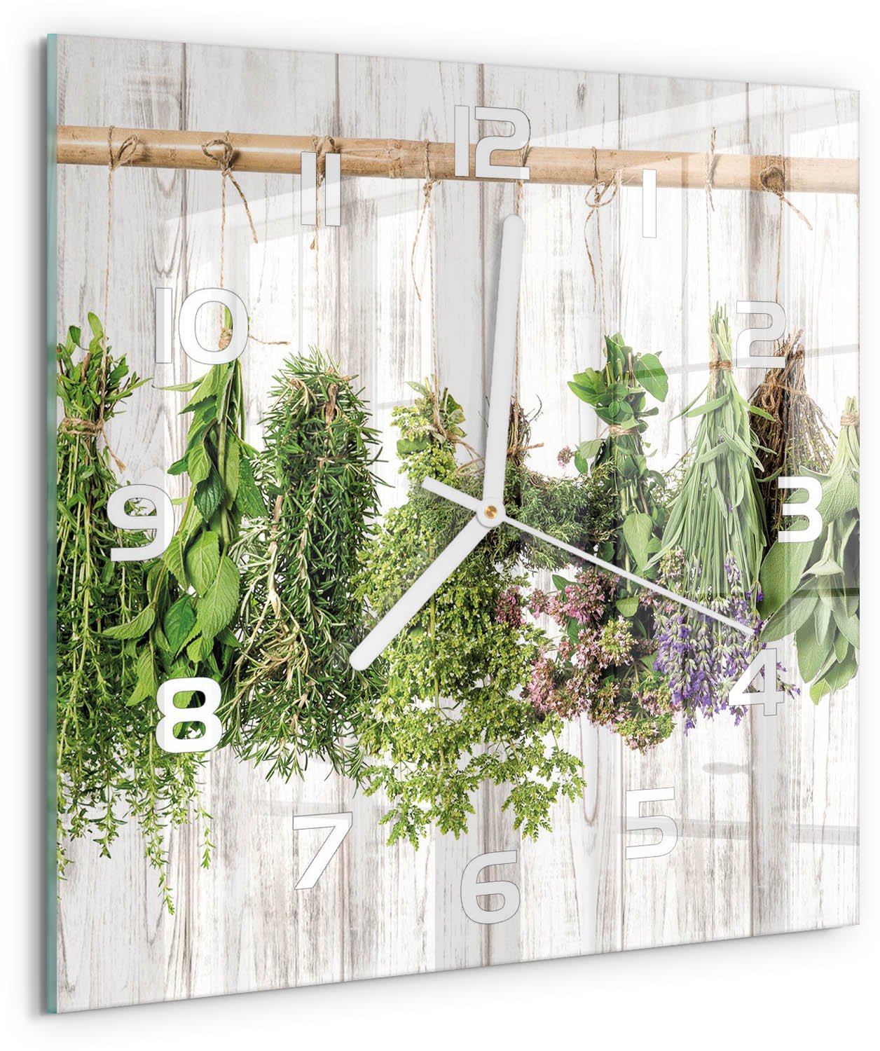 Tulup Wandklok - Kruiden aan een touwtje Decoratieve Glazen Klok - 30x30 cm - Groente Glazen Wandklok Design - Witte handen - Vierkante Klok - Glazen Klok Met Print - Wandklok Glas Met Motief