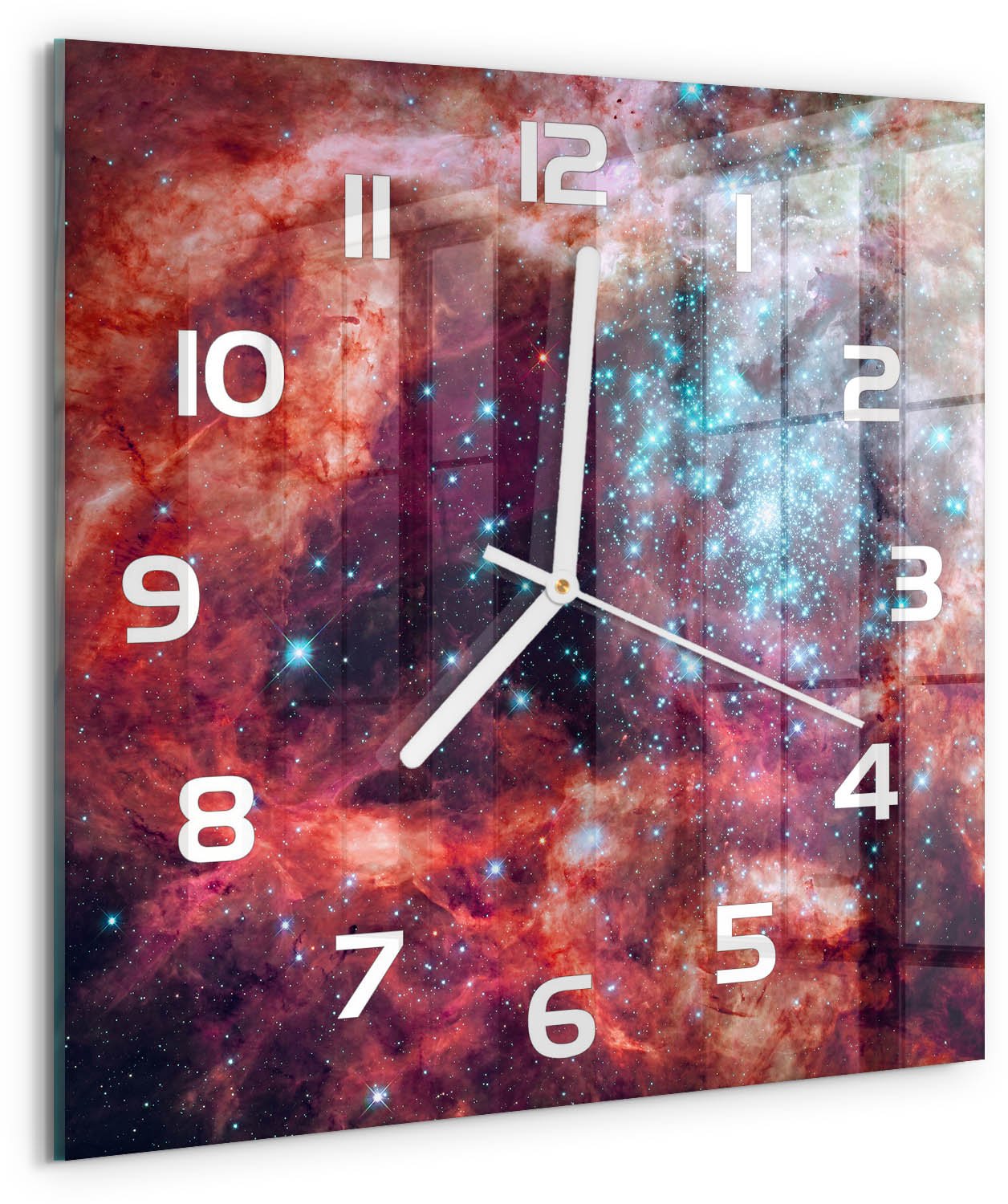 TULUP Wandklok - Magellaanse Wolk Glazen Wandklok Design - 30x30 cm - Veelkleurig Klok Glas Met Opdruk - Witte handen - Vierkante Klok - Wandklok Glas Met Motief - Decoratieve Glazen Klok