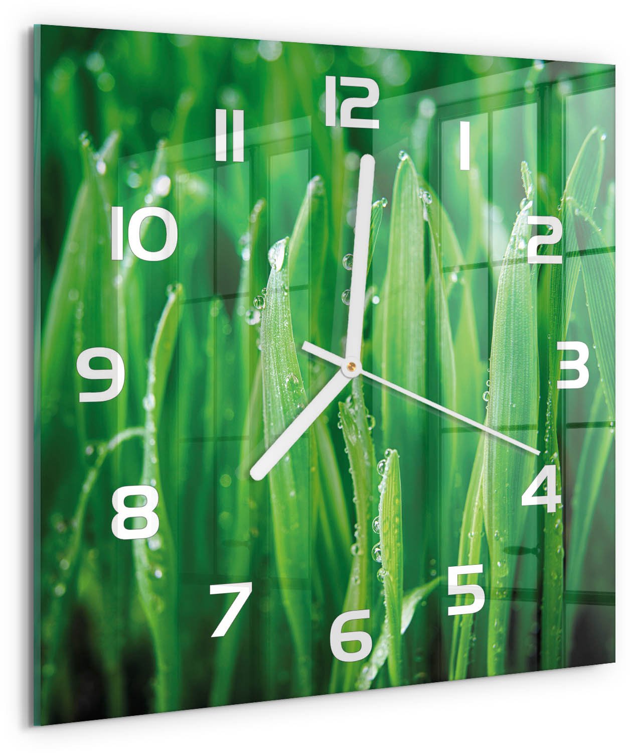 Tulup Wandklok - Gras Glazen Klok Met Print - 30x30 cm - Groente Wandklok Glas Met Motief - Witte handen - Vierkante Klok - Wandklok Glas Decoratie - Gekleurde Glazen Klok