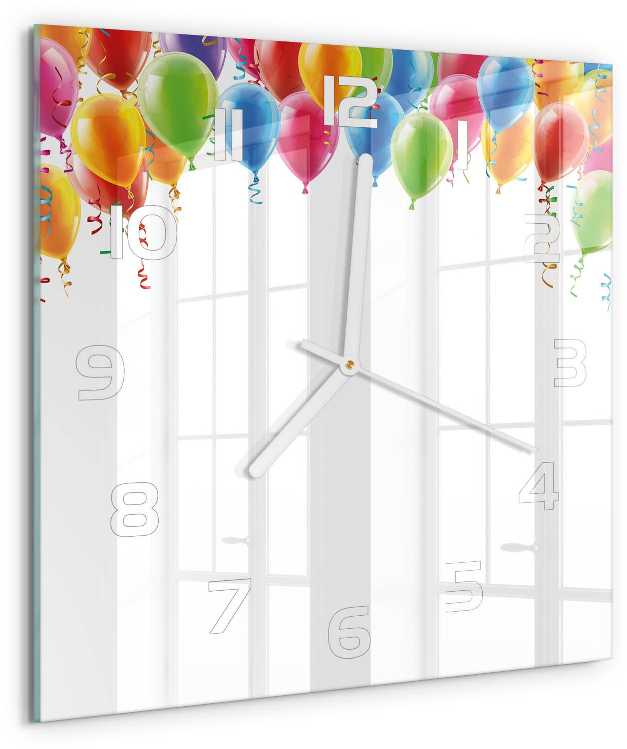 Tulup Wandklok - Kleurrijke ballonnen Moderne Wandklok Glas - 30x30 cm - Veelkleurig Wandklok Glas Decoratie - Witte handen - Vierkante Klok - Glazen Wandklok Design - Klok Glas Met Opdruk