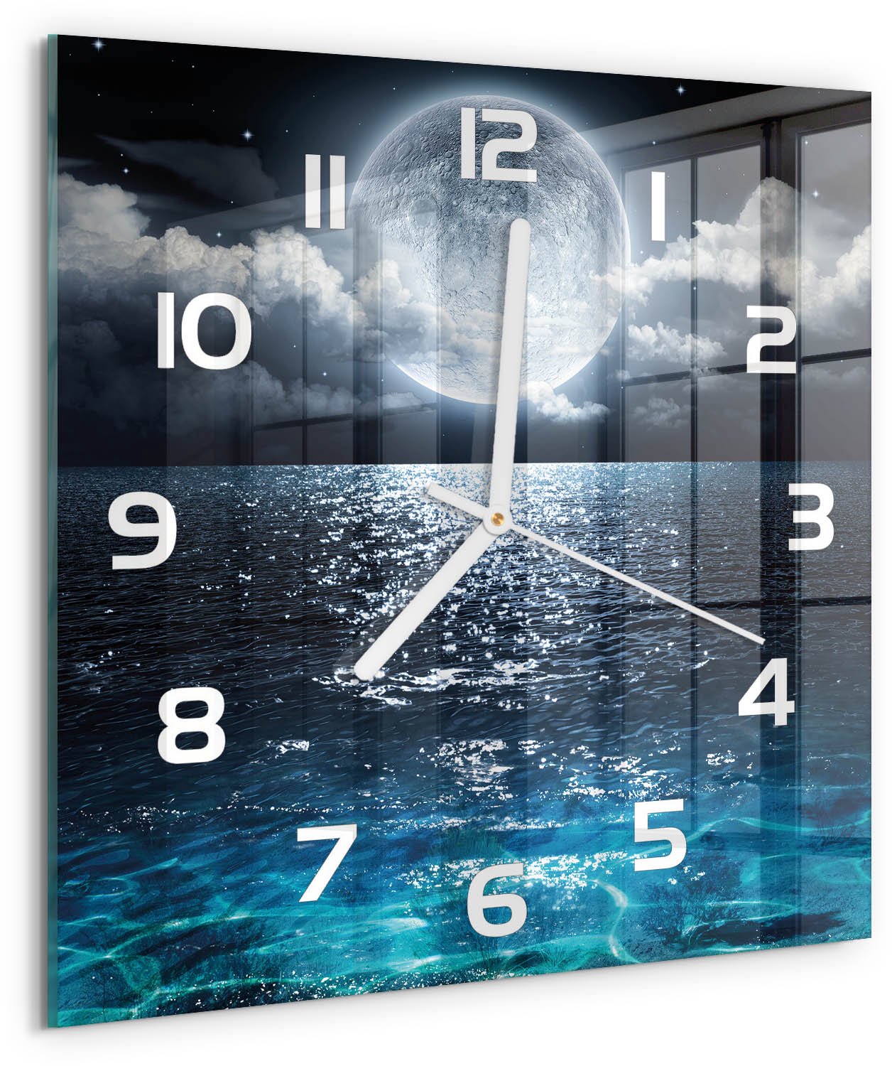 Tulup Wandklok - Volle maan Wandklok Glas Met Motief - 30x30 cm - Blauw Decoratieve Glazen Klok - Witte handen - Vierkante Klok - Gekleurde Glazen Klok - Glazen Klok Met Print