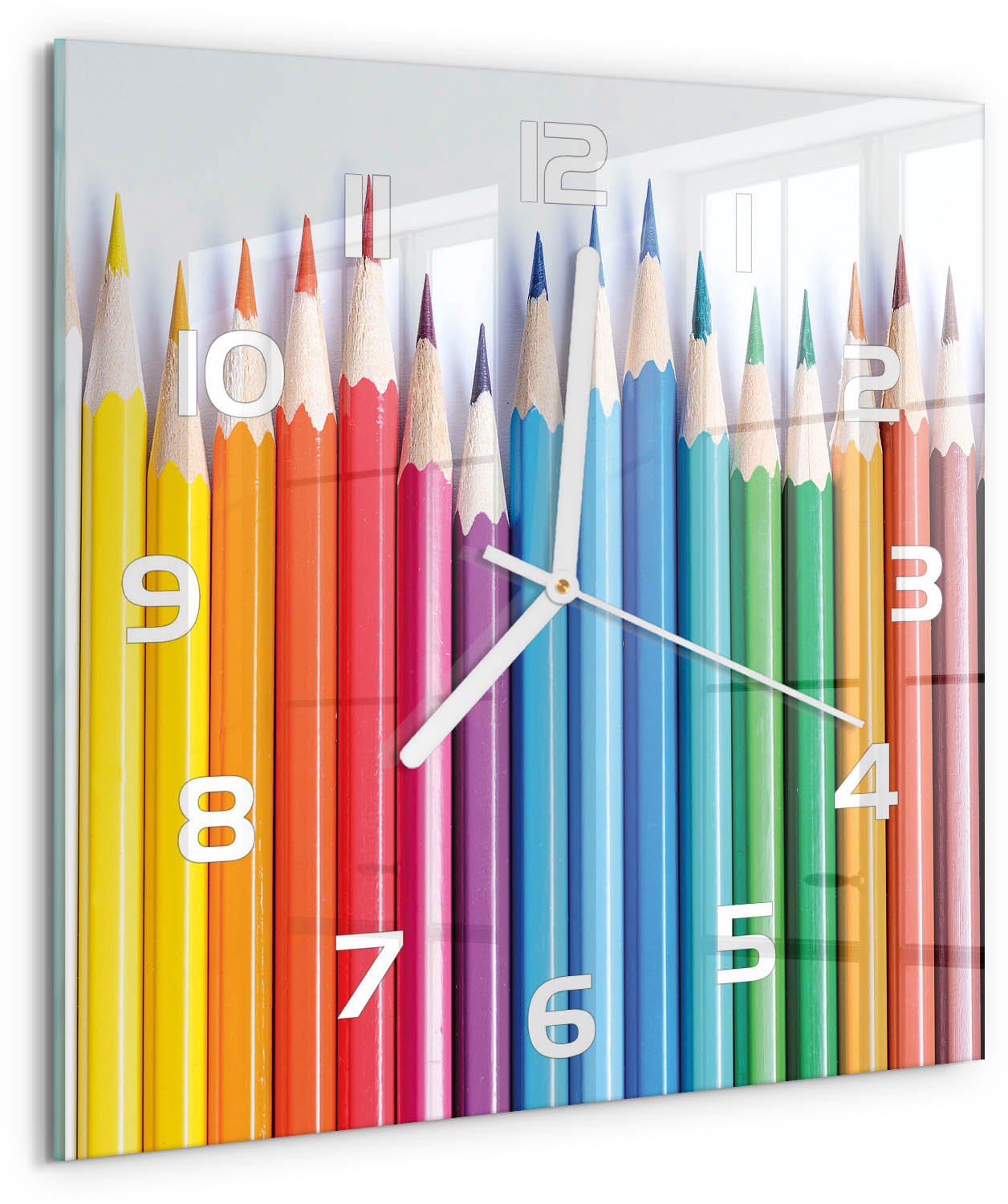 Tulup Wandklok - Kleurpotloden Glazen Klok Met Print - 30x30 cm - Veelkleurig Wandklok Glas Met Motief - Witte handen - Vierkante Klok - Wandklok Glas Decoratie - Gekleurde Glazen Klok