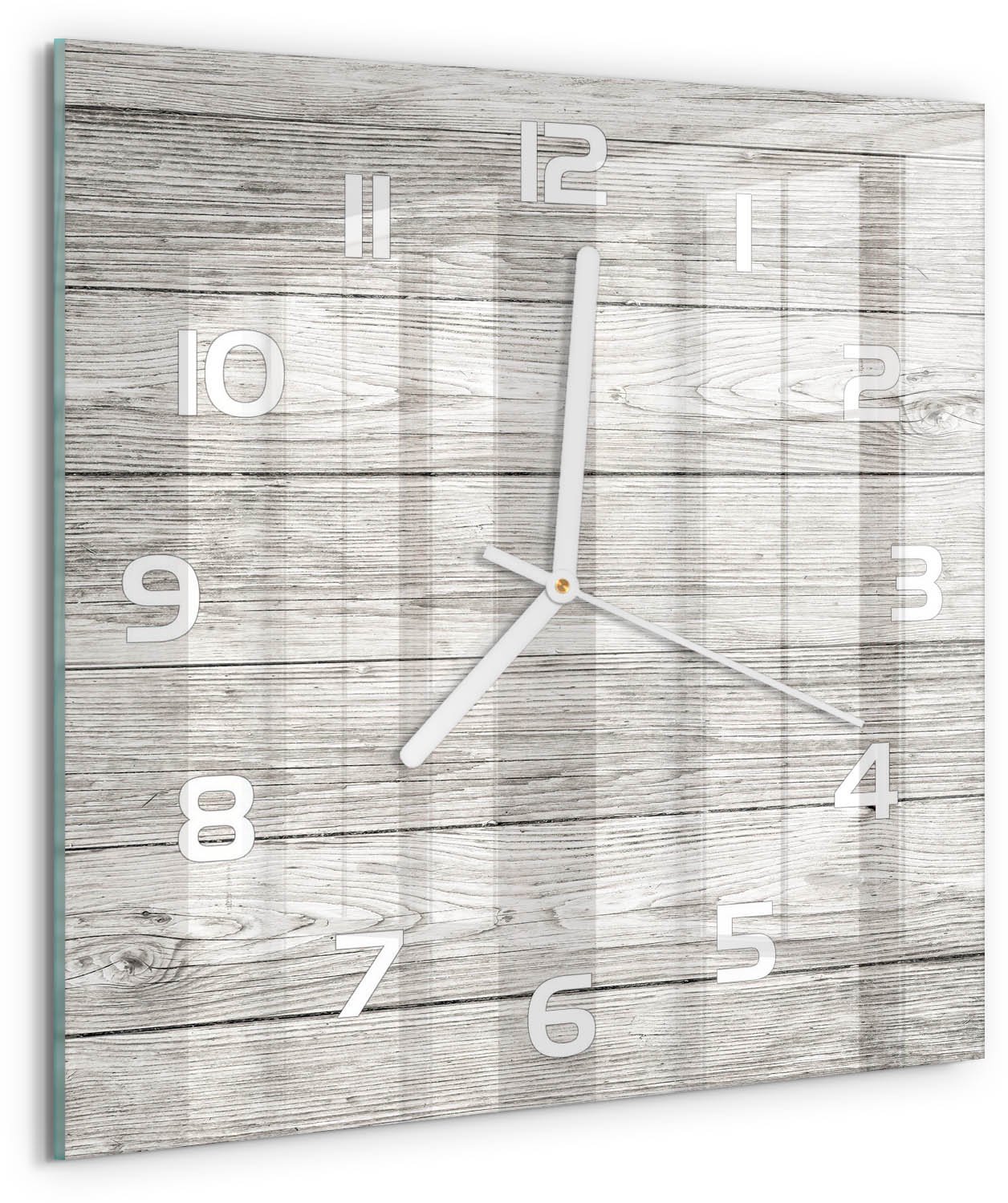 Tulup Wandklok - Houten achtergrond Wandklok Glas Met Motief - 30x30 cm - Grijs Decoratieve Glazen Klok - Witte handen - Vierkante Klok - Gekleurde Glazen Klok - Glazen Klok Met Print