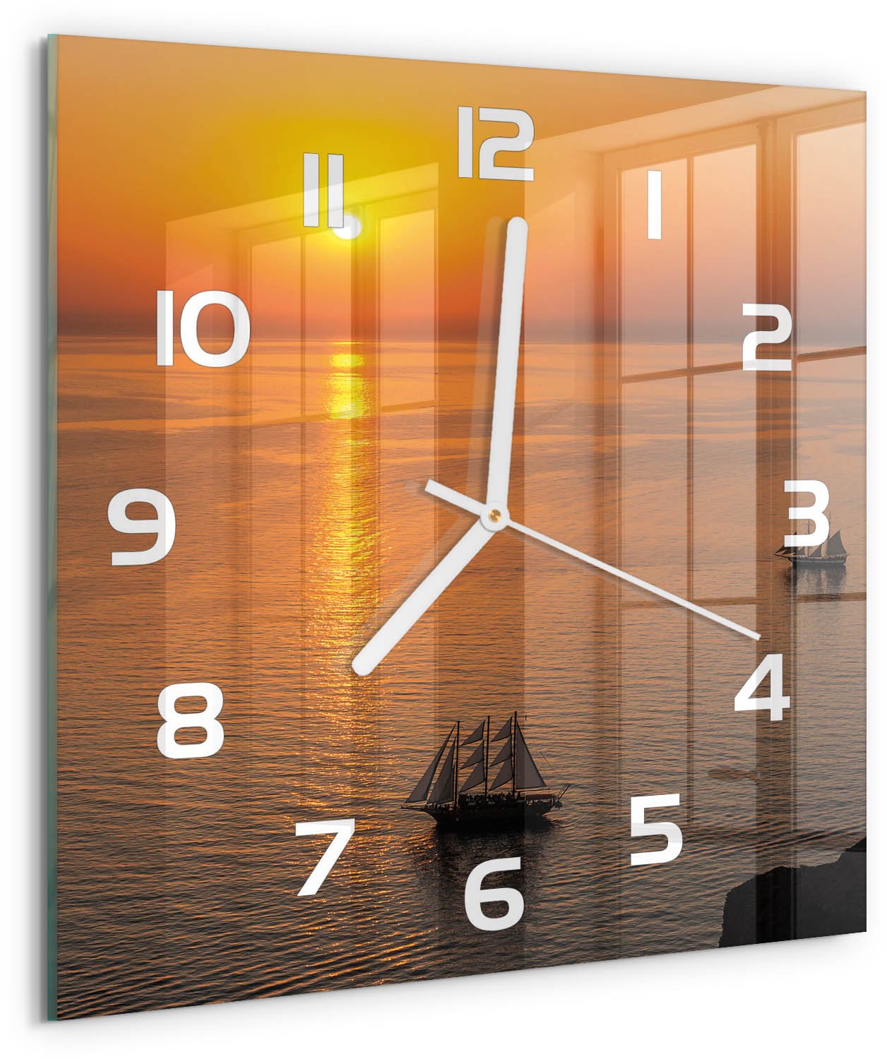 Tulup Wandklok - Zonsondergang Zee Moderne Wandklok Glas - 30x30 cm - Oranje Wandklok Glas Decoratie - Witte handen - Vierkante Klok - Glazen Wandklok Design - Klok Glas Met Opdruk