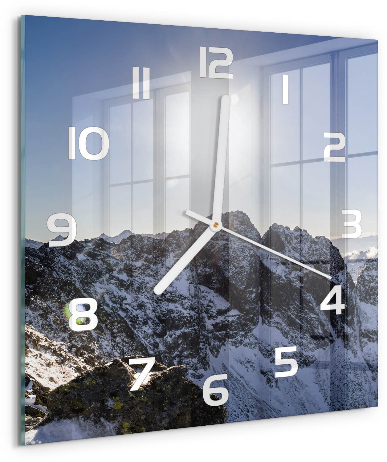 Tulup Wandklok - De winter in het Tatragebergte Decoratieve Glazen Klok - 30x30 cm - Blauw Glazen Wandklok Design - Witte handen - Vierkante Klok - Glazen Klok Met Print - Wandklok Glas Met Motief