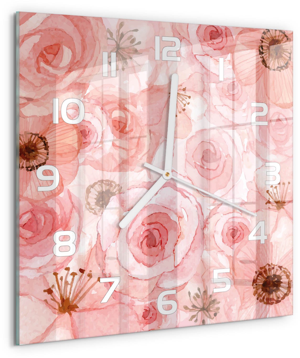 Tulup Wandklok - Bloemenpatroon Wandklok Glas Met Motief - 30x30 cm - Roze Decoratieve Glazen Klok - Witte handen - Vierkante Klok - Gekleurde Glazen Klok - Glazen Klok Met Print