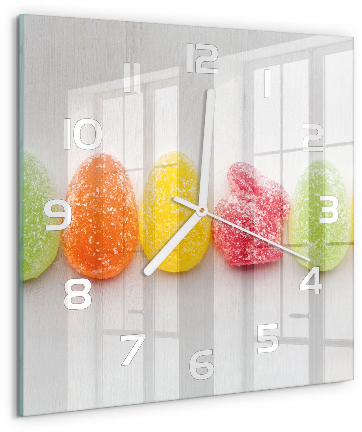 Tulup Wandklok - Kleurrijke Jelly Beans Wandklok Glas Met Motief - 30x30 cm - Veelkleurig Decoratieve Glazen Klok - Witte handen - Vierkante Klok - Gekleurde Glazen Klok - Glazen Klok Met Print