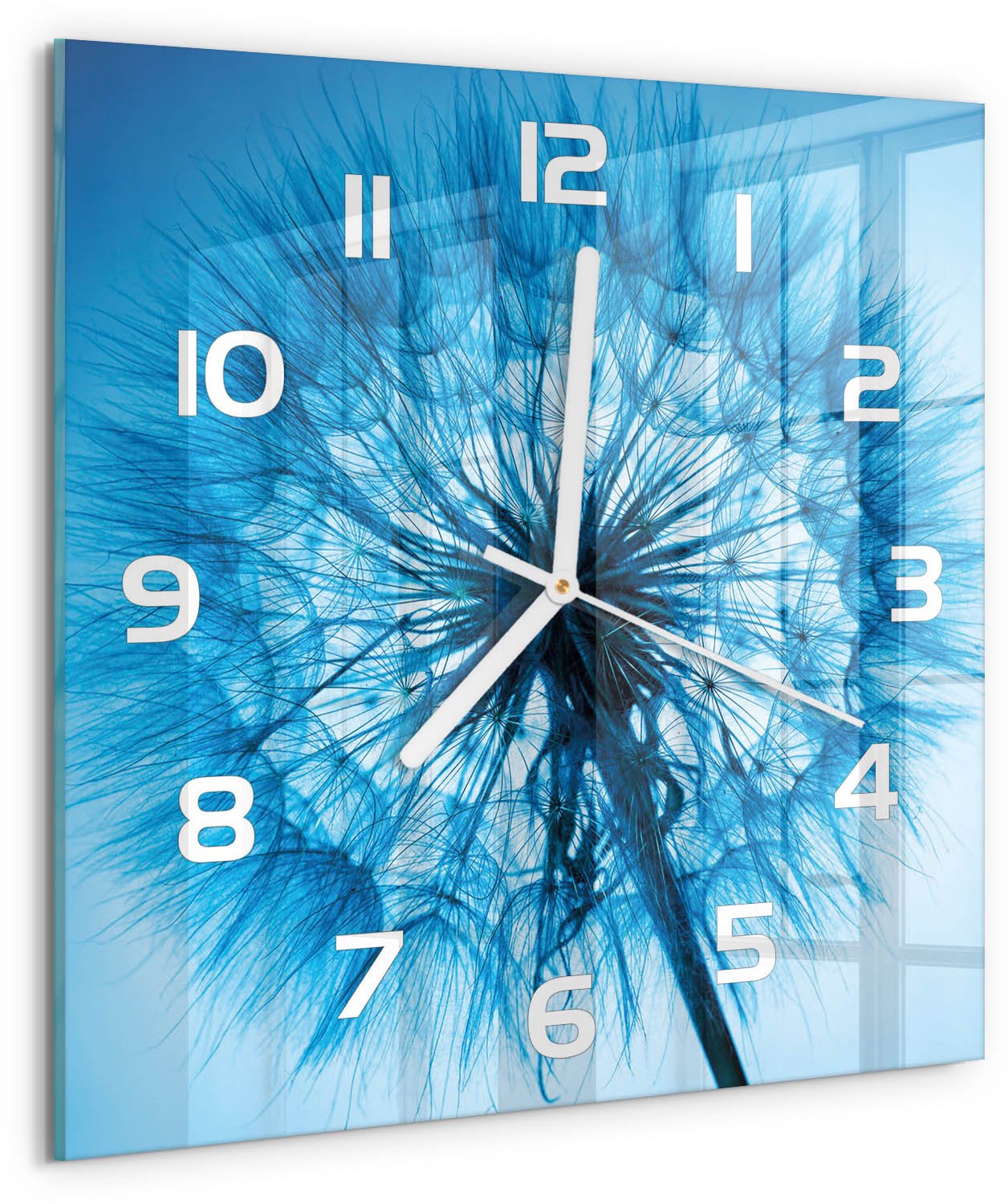 Tulup Wandklok - Paardebloem Klok Glas Met Opdruk - 30x30 cm - Blauw Moderne Wandklok Glas - Witte handen - Vierkante Klok - Decoratieve Glazen Klok - Glazen Wandklok Design