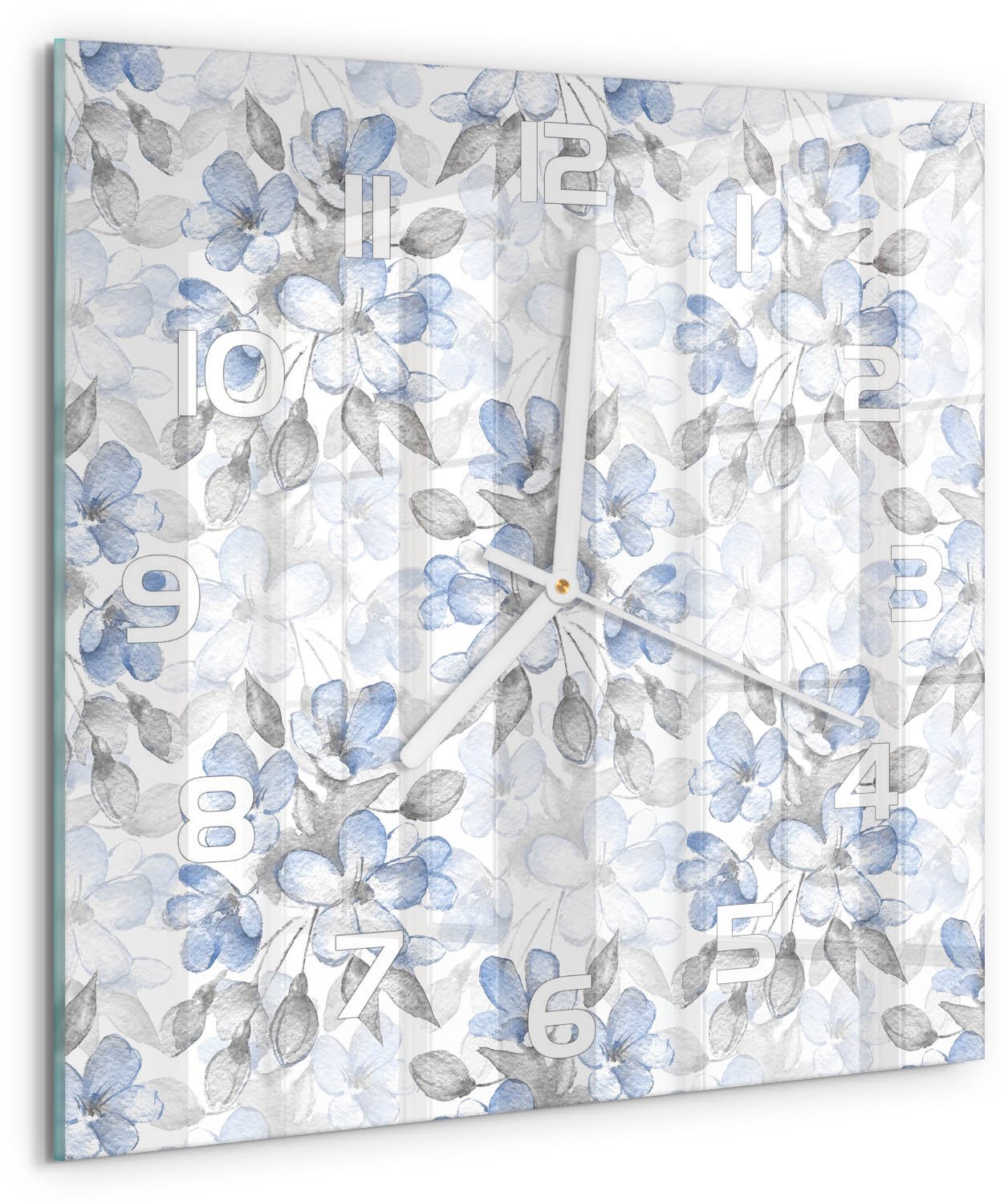 Tulup Wandklok - delicate bloemen Klok Glas Met Opdruk - 30x30 cm - Blauw Moderne Wandklok Glas - Witte handen - Vierkante Klok - Decoratieve Glazen Klok - Glazen Wandklok Design