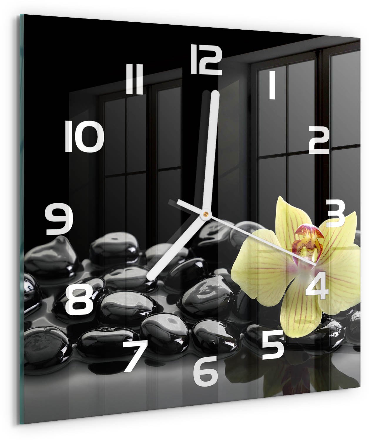 Tulup Wandklok - Orchidee Glazen Wandklok Design - 30x30 cm - Zwart Klok Glas Met Opdruk - Witte handen - Vierkante Klok - Wandklok Glas Met Motief - Decoratieve Glazen Klok