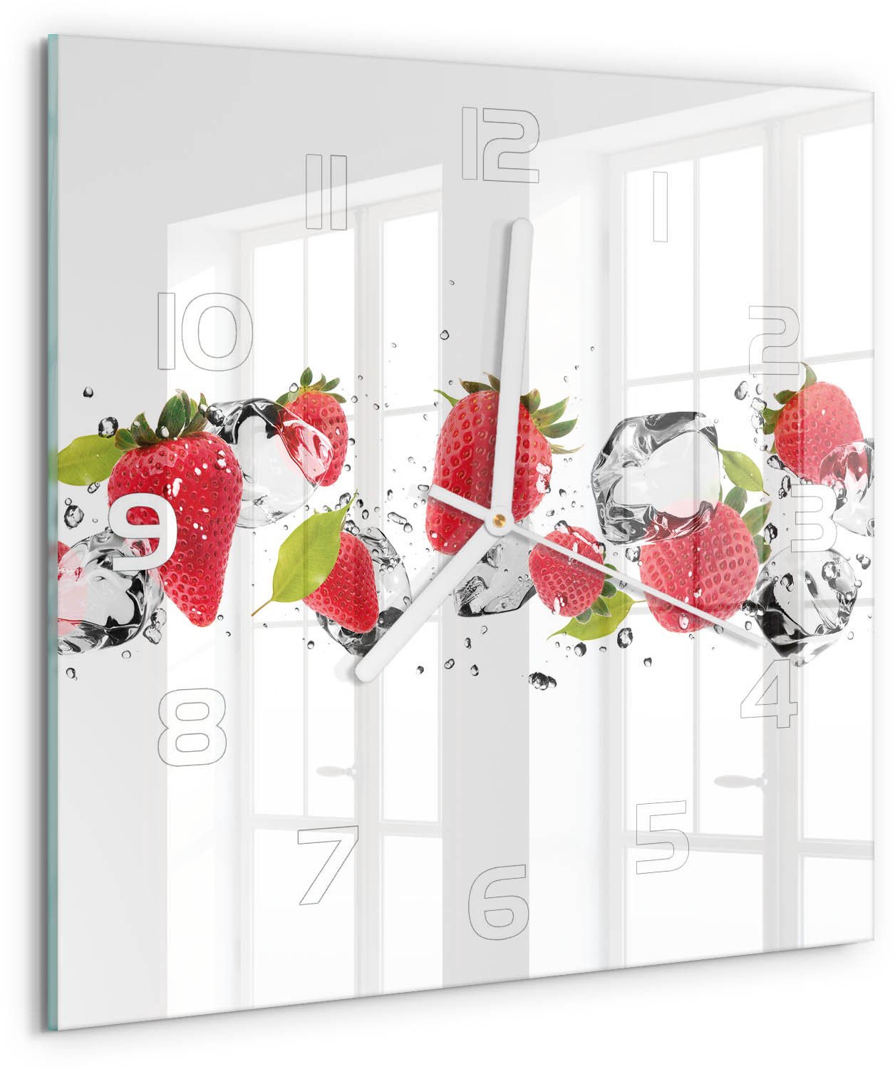 Tulup Wandklok - Aardbeien en water Gekleurde Glazen Klok - 30x30 cm - Rood Glazen Klok Met Print - Witte handen - Vierkante Klok - Moderne Wandklok Glas - Wandklok Glas Decoratie