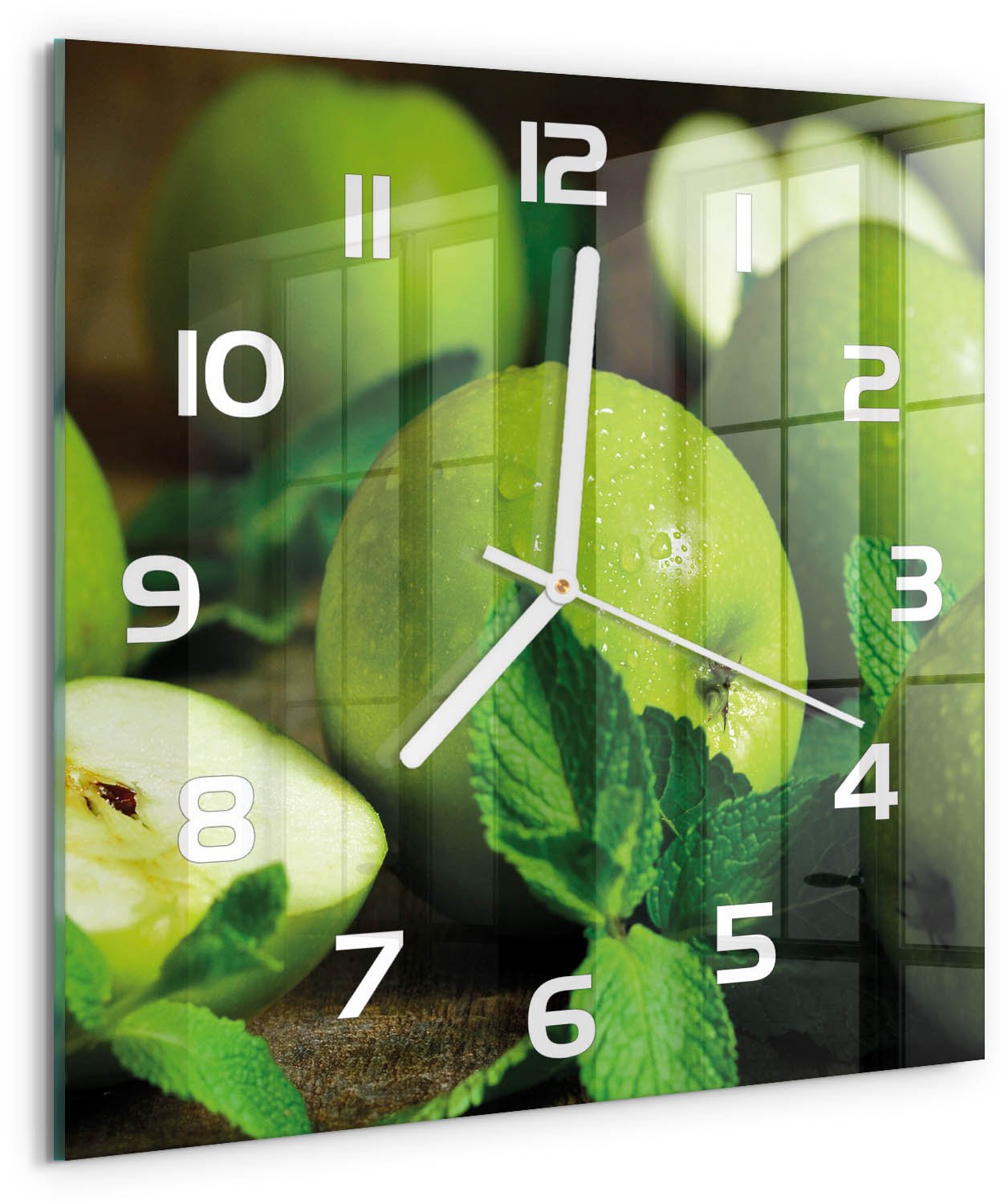 Tulup Wandklok - Groene appels Decoratieve Glazen Klok - 30x30 cm - Groente Glazen Wandklok Design - Witte handen - Vierkante Klok - Glazen Klok Met Print - Wandklok Glas Met Motief