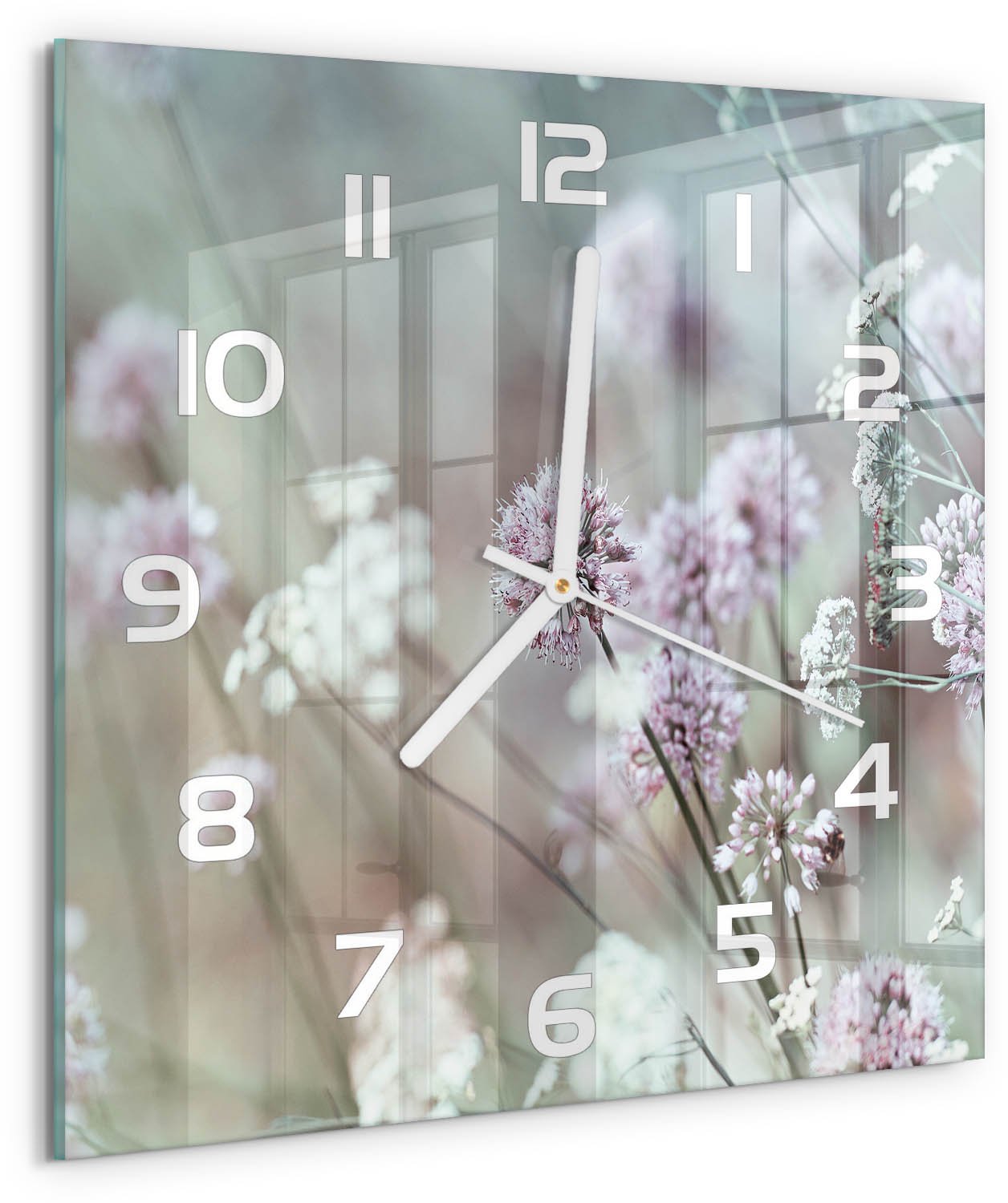 Tulup Wandklok - Wilde bloemen Gekleurde Glazen Klok - 30x30 cm - Wit Glazen Klok Met Print - Witte handen - Vierkante Klok - Moderne Wandklok Glas - Wandklok Glas Decoratie