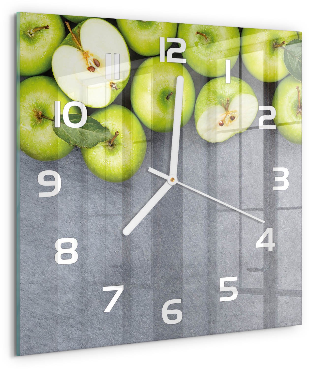 Tulup Wandklok - Groene appels Wandklok Glas Decoratie - 30x30 cm - Groente Gekleurde Glazen Klok - Witte handen - Vierkante Klok - Klok Glas Met Opdruk - Moderne Wandklok Glas