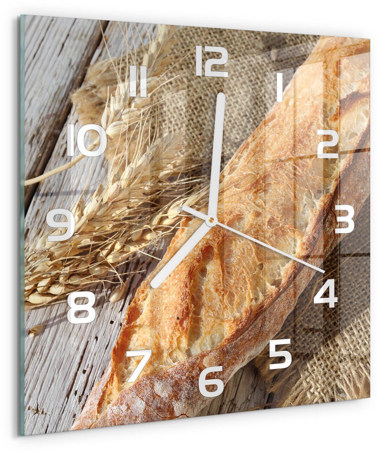 Tulup Wandklok - Verse baguette Moderne Wandklok Glas - 30x30 cm - Beige Wandklok Glas Decoratie - Witte handen - Vierkante Klok - Glazen Wandklok Design - Klok Glas Met Opdruk